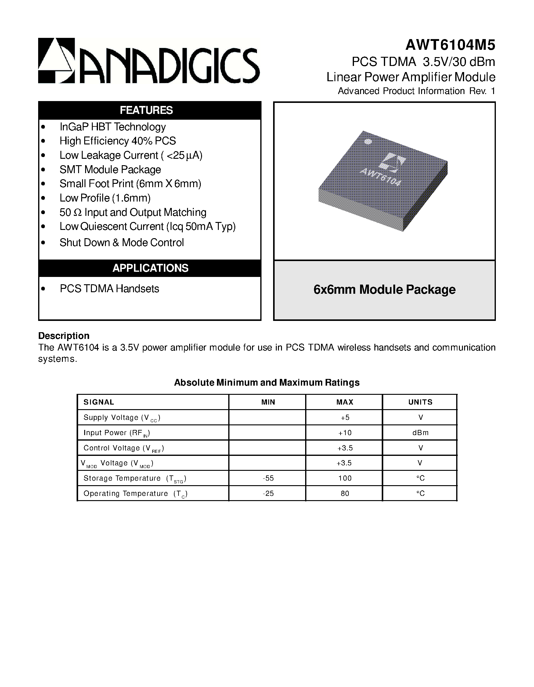 Datasheet AWT6104M5 page 1 Datasheet AWT6104M5 - PCS TDMA 3.5V/30 dBm Linear Power Amplifier Module page 1