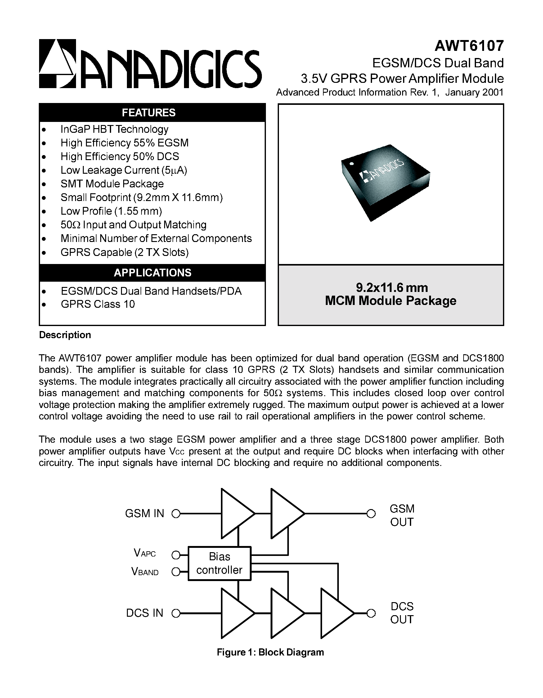 Datasheet AWT6107 page 1 Datasheet AWT6107 - EGSM/DCS Dual Band 3.5V GPRS Power Amplifier Module page 1
