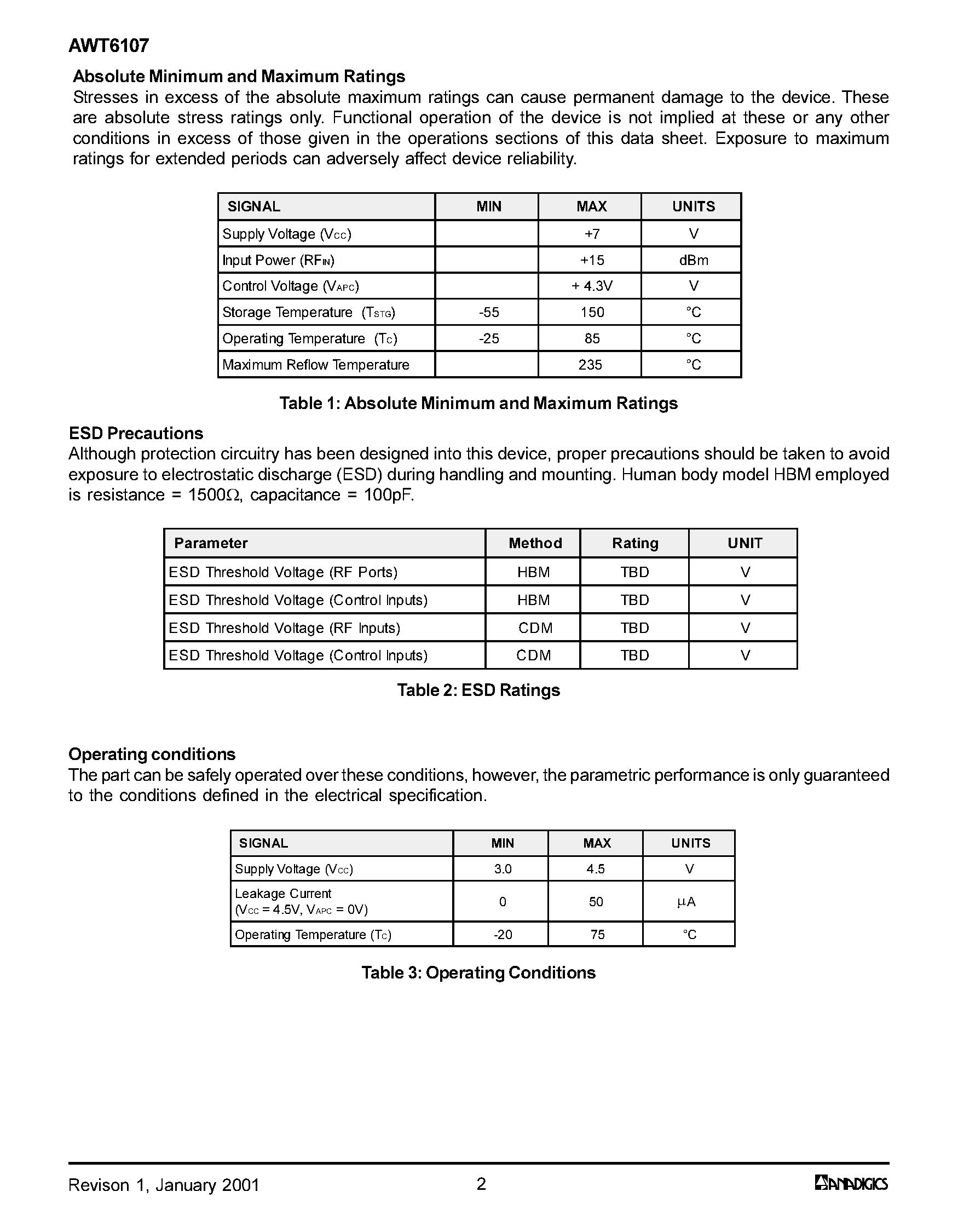 Datasheet AWT6107 page 2 Datasheet AWT6107 - EGSM/DCS Dual Band 3.5V GPRS Power Amplifier Module page 2