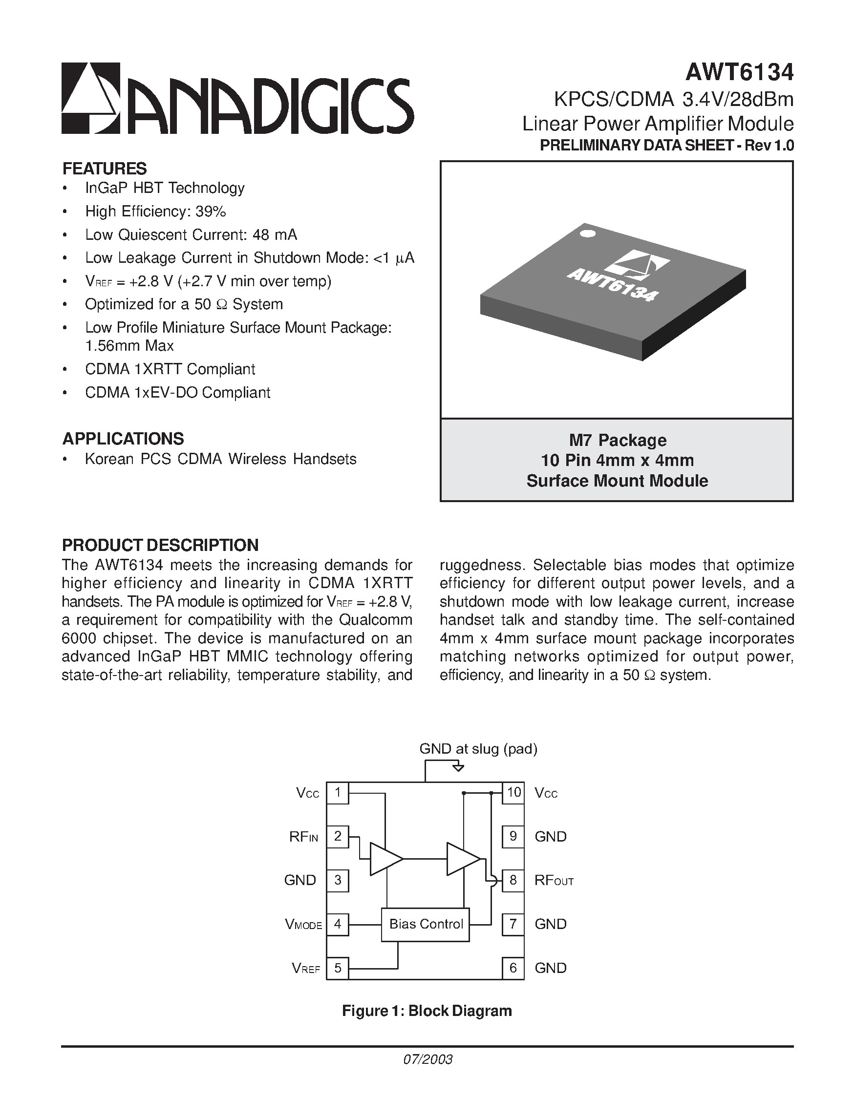 Datasheet AWT6134M7P8 page 1 Datasheet AWT6134M7P8 - KPCS/CDMA 3.4V/28dBm Linear Power Amplifier Module page 1