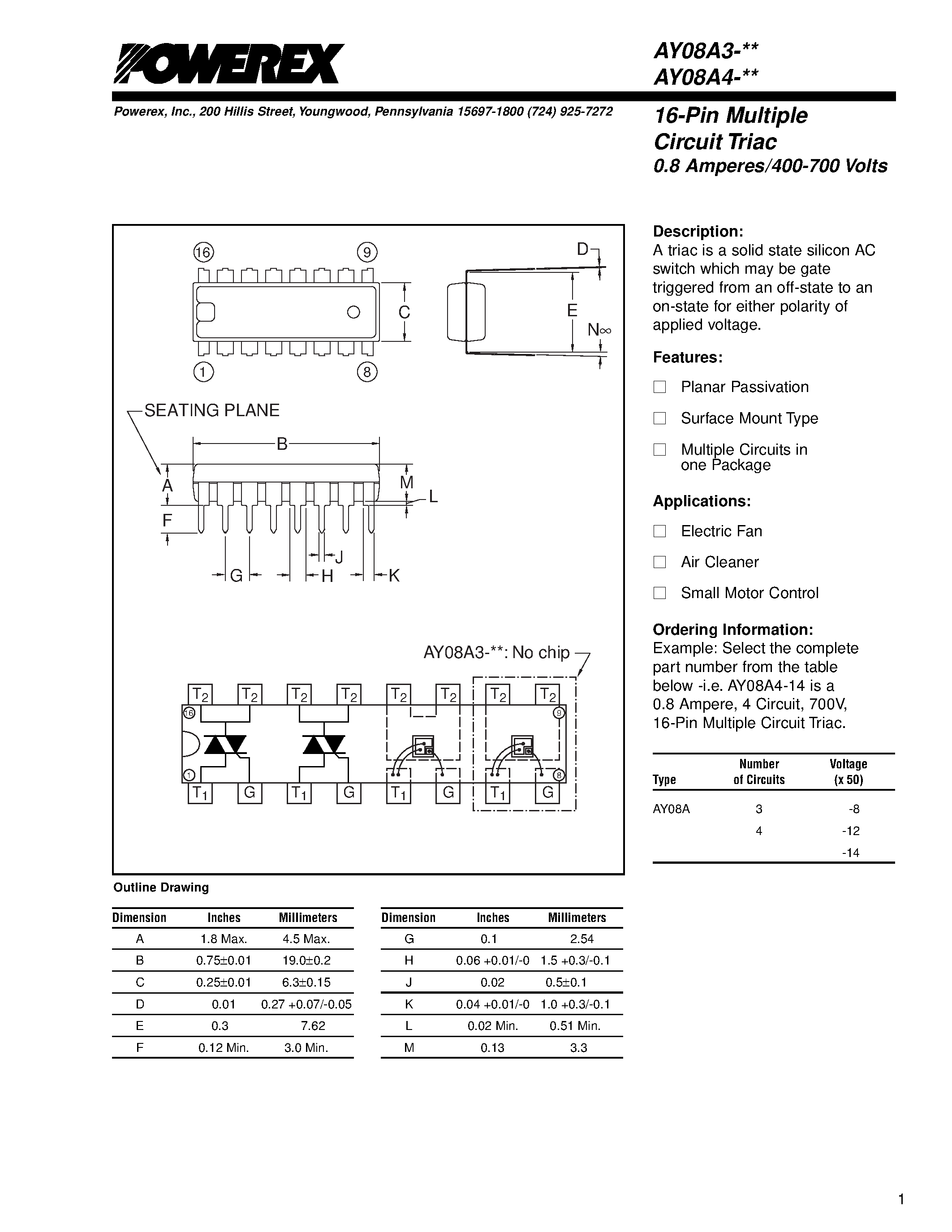 Datasheet AY08A4-12 - 16-Pin Multiple Circuit Triac page 1