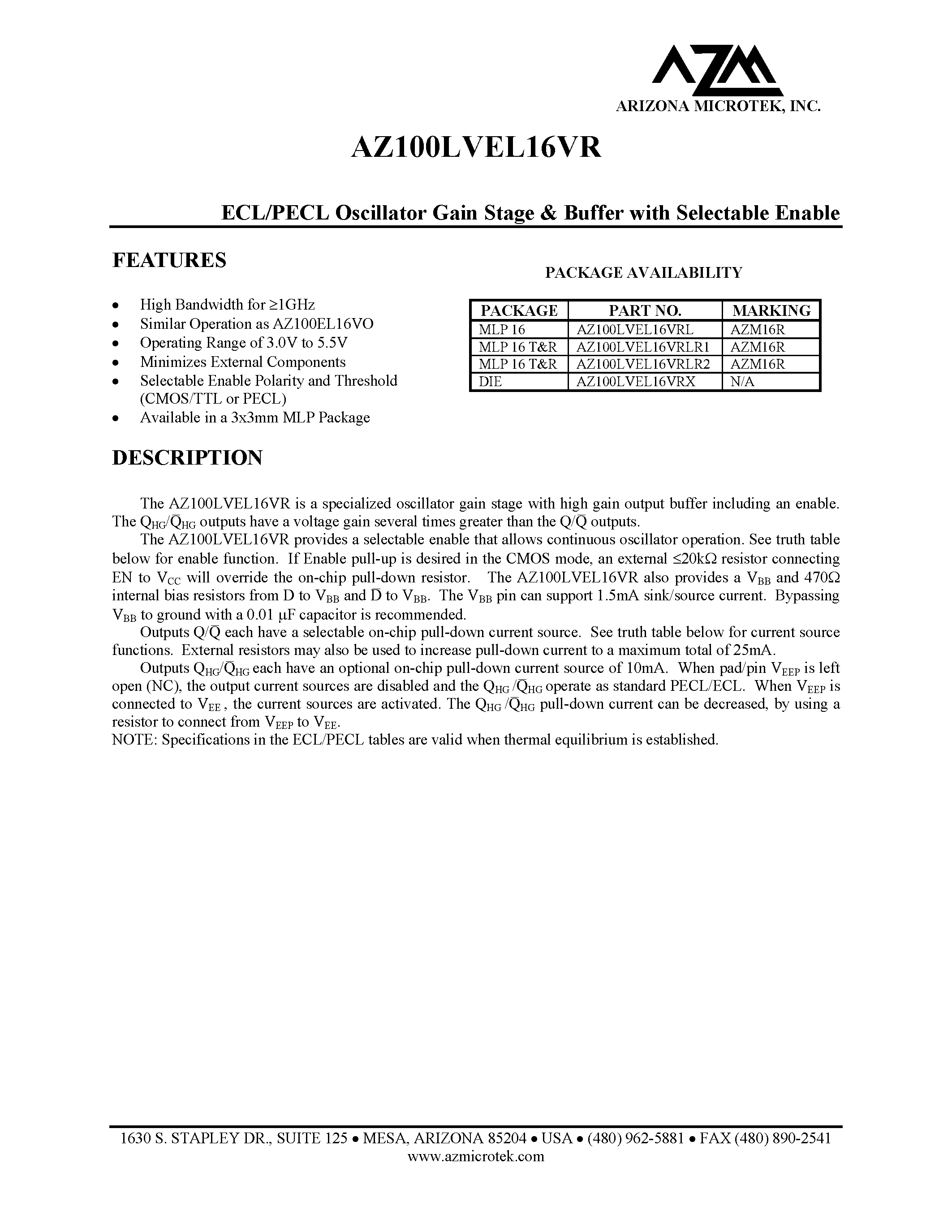 Datasheet AZ100LVEL16VRX - ECL/PECL Oscillator Gain Stage & Buffer with Selectable Enable page 1
