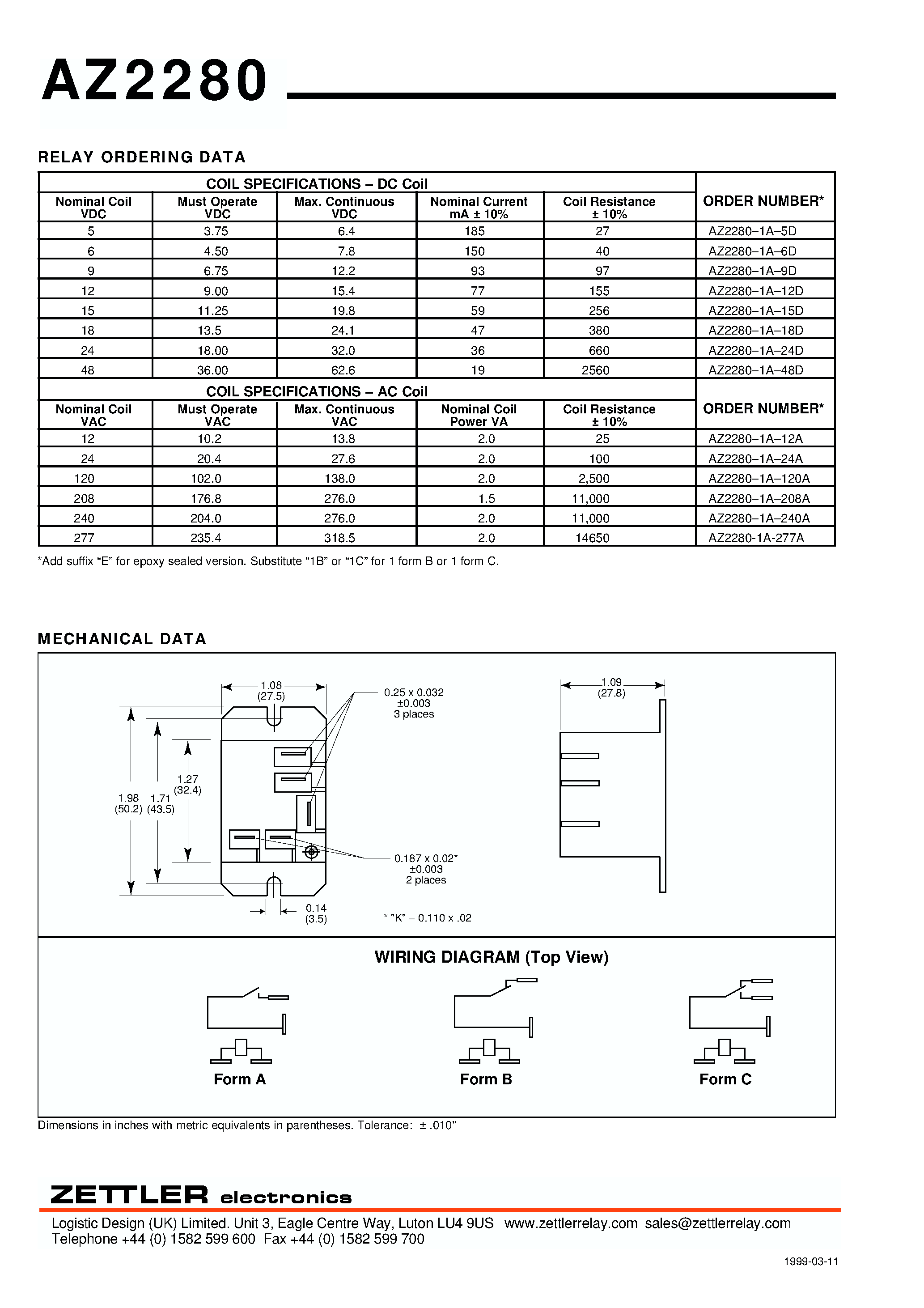 Даташит AZ2280-1A-15D - 30 AMP MINIATURE POWER RELAY страница 2