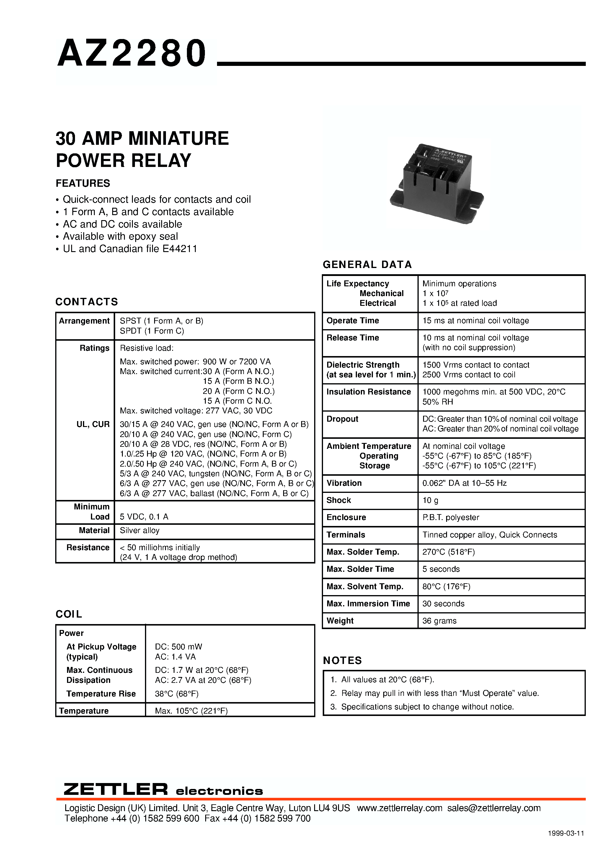Даташит на микросхему AZ2280-1A-9D страница 1 Даташит AZ2280-1A-9D - 30 AMP MINIATURE POWER RELAY страница 1