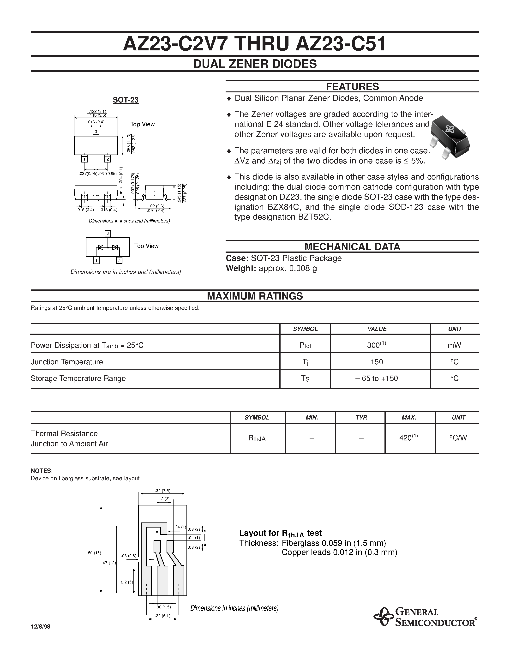 Datasheet AZ23-C13 page 1 Datasheet AZ23-C13 - DUAL ZENER DIODES page 1