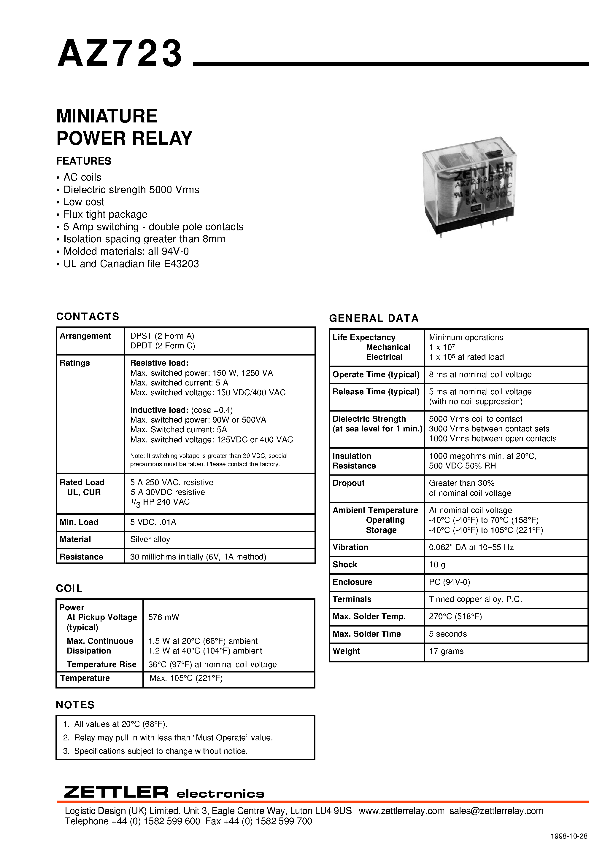 Даташит AZ723 - MINIATURE POWER RELAY страница 1