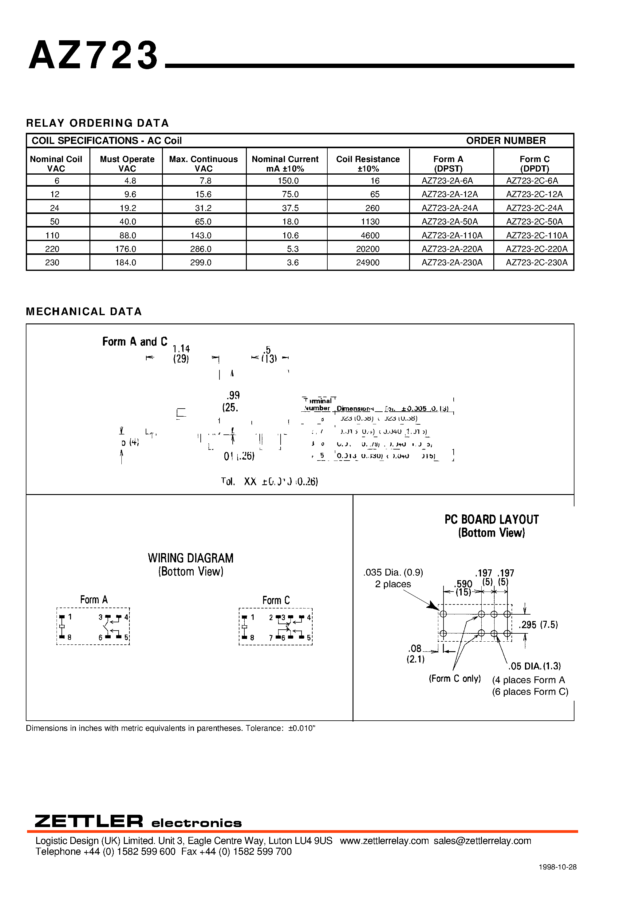 Даташит на микросхему AZ723-2A-230A страница 2 Даташит AZ723-2A-230A - MINIATURE POWER RELAY страница 2