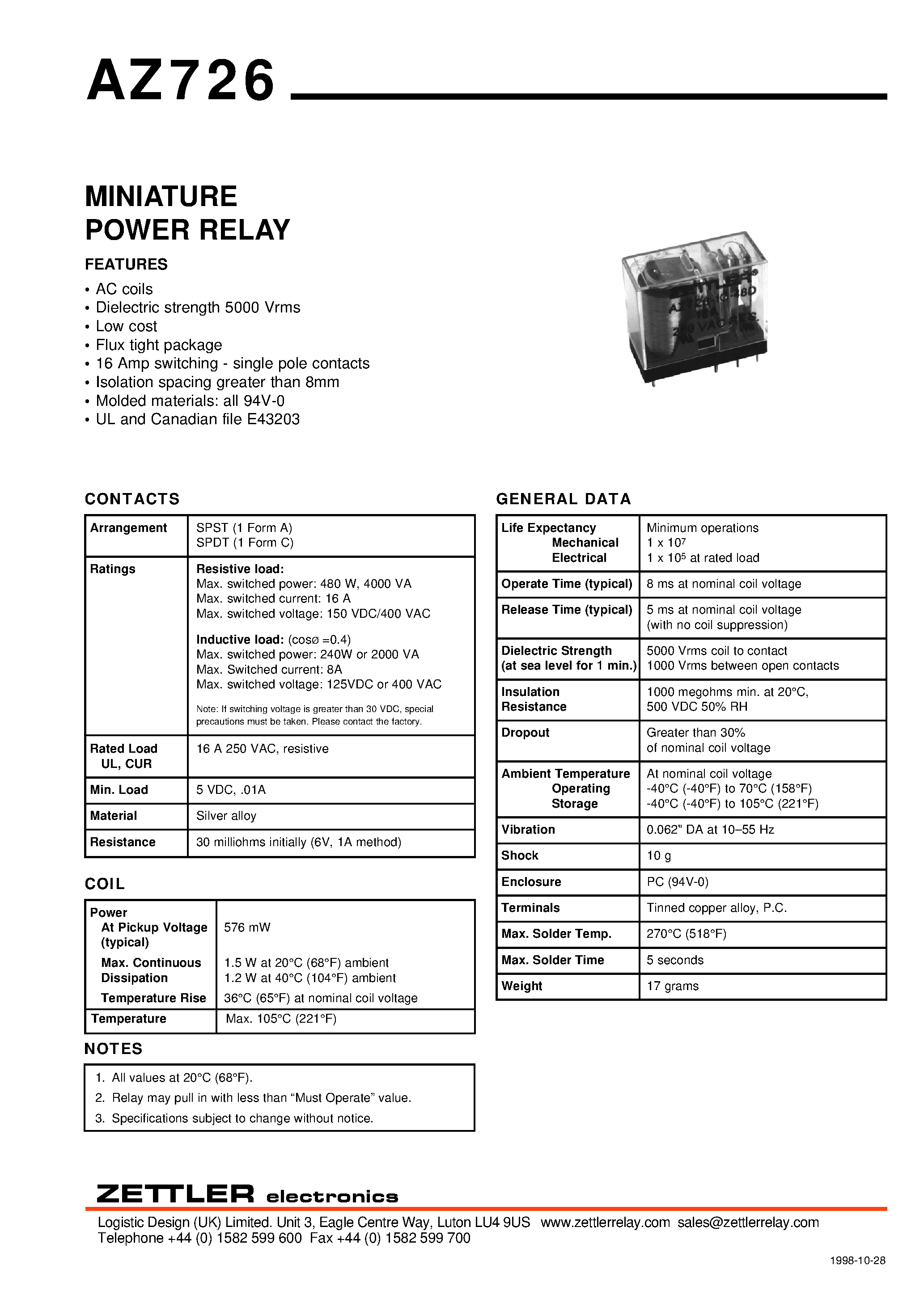 Даташит AZ726-1C-12A - MINIATURE POWER RELAY страница 1