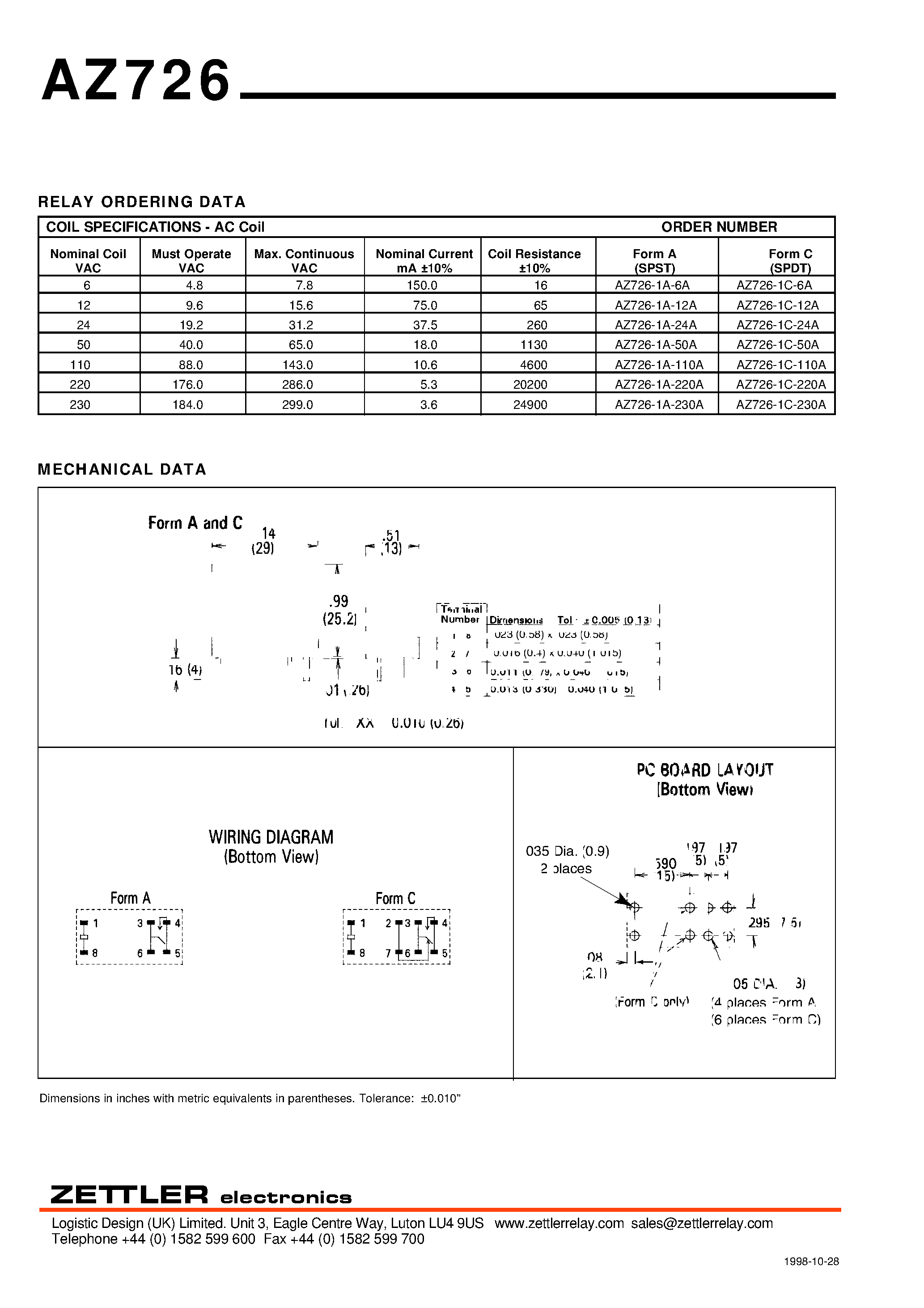 Даташит AZ726-1C-230A - MINIATURE POWER RELAY страница 2