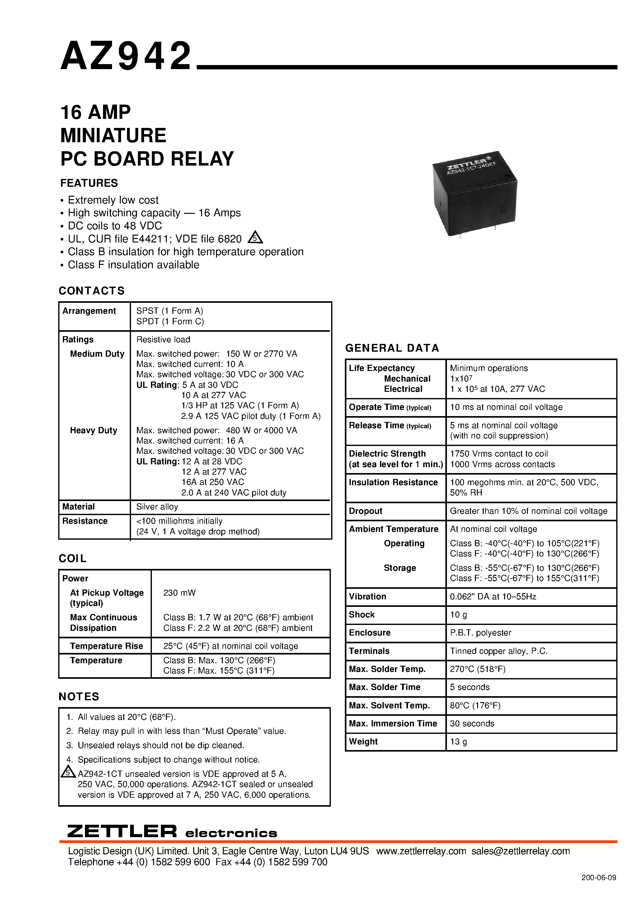 Даташит на микросхему AZ942-1CH-48DE страница 1 Даташит AZ942-1CH-48DE - 16 AMP MINIATURE PC BOARD RELAY страница 1