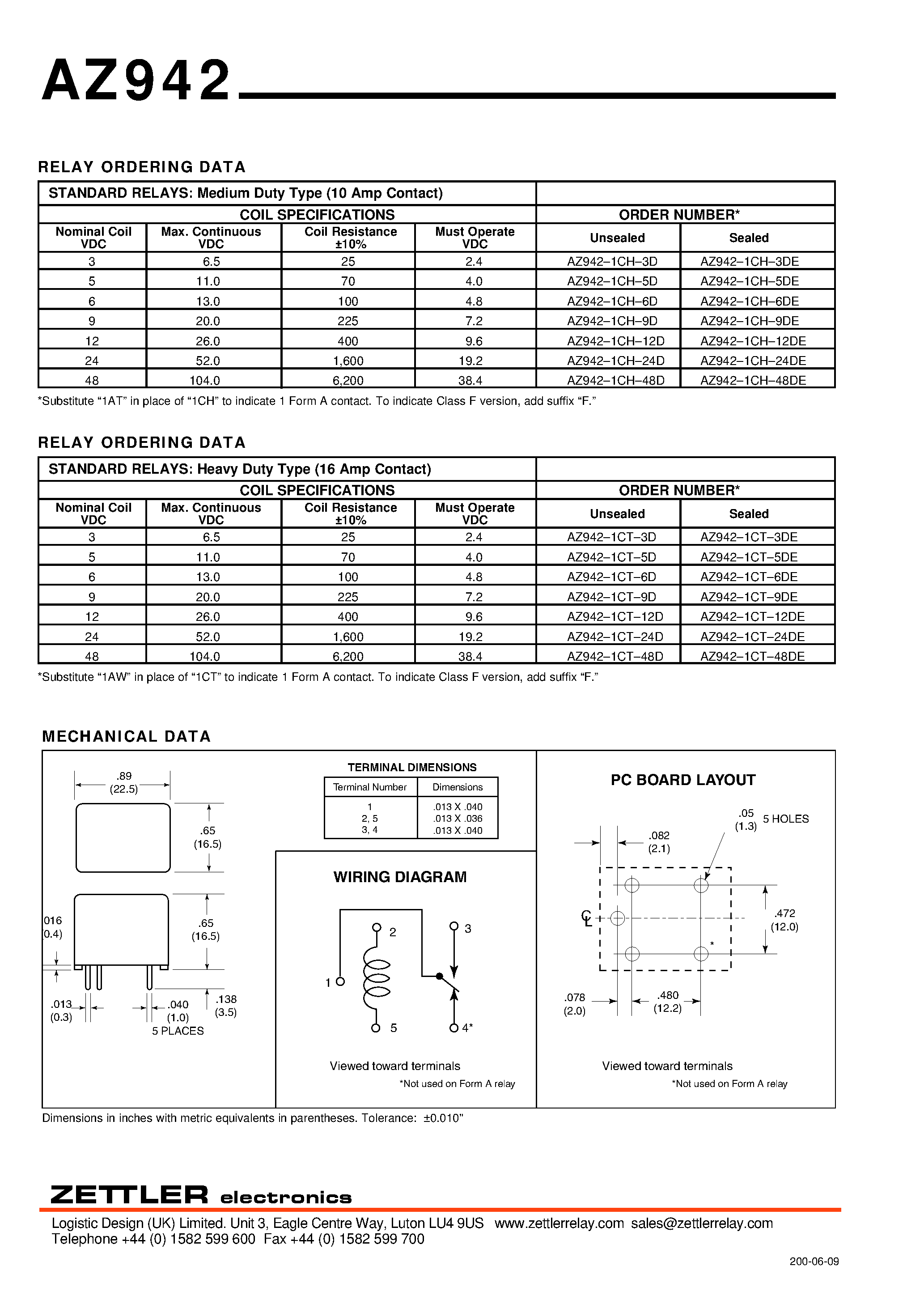 Даташит на микросхему AZ942-1CH-48DE страница 2 Даташит AZ942-1CH-48DE - 16 AMP MINIATURE PC BOARD RELAY страница 2