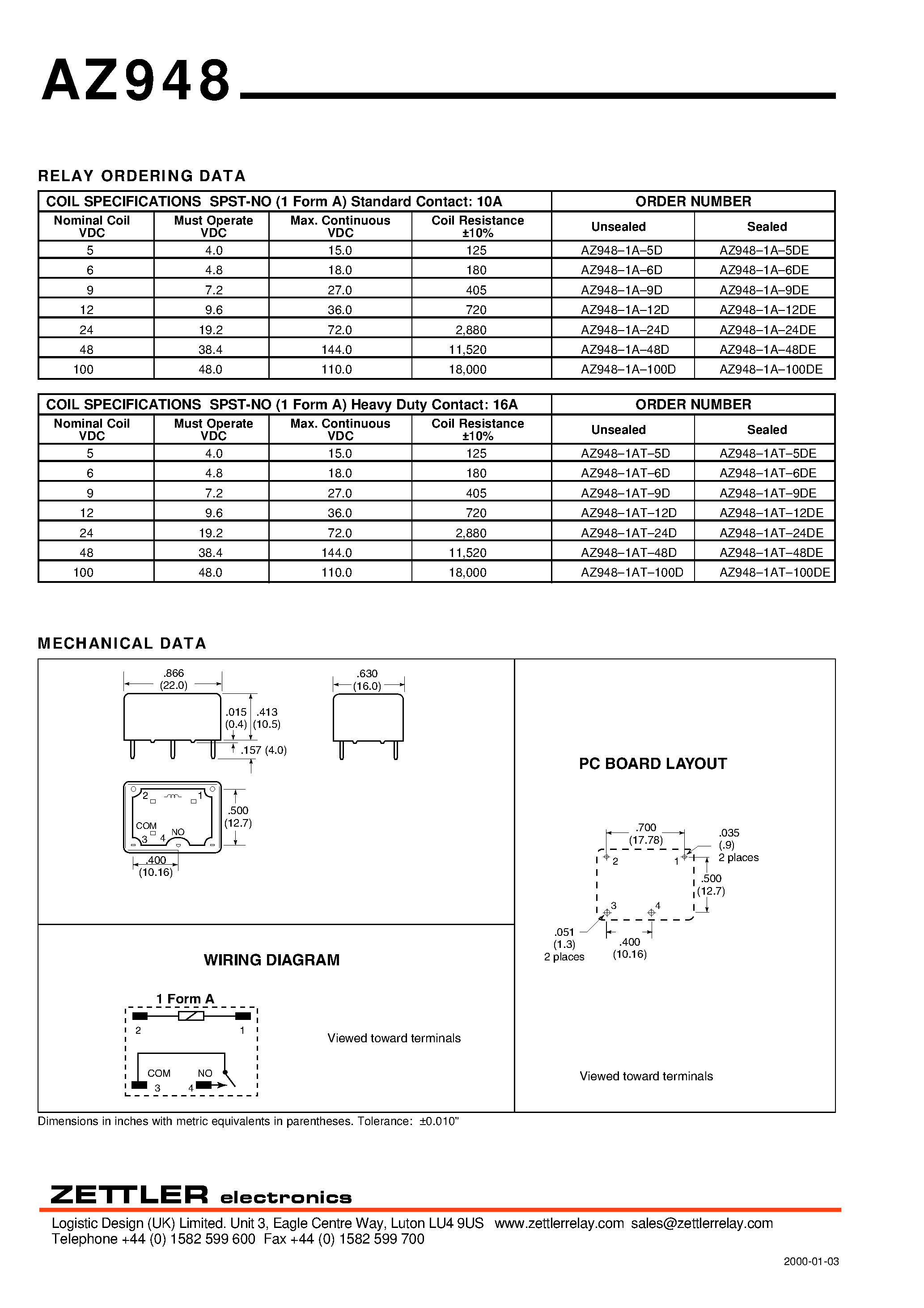 Даташит AZ948 - 16 AMP LOW PROFILE POWER RELAY страница 2