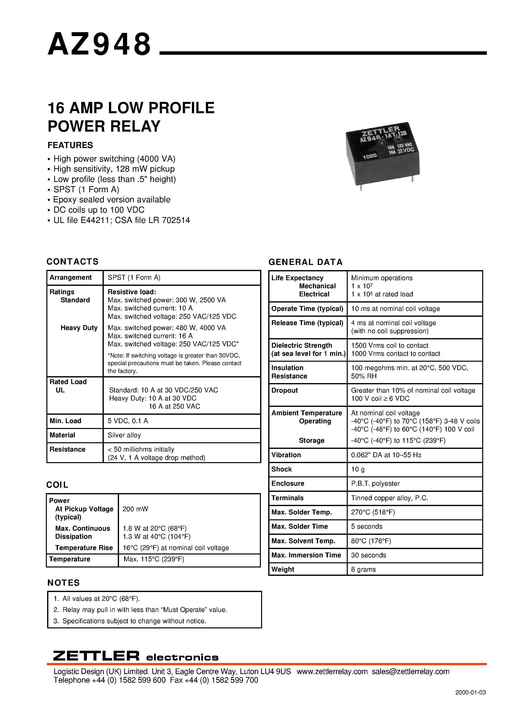 Даташит AZ948-1A-24D - 16 AMP LOW PROFILE POWER RELAY страница 1