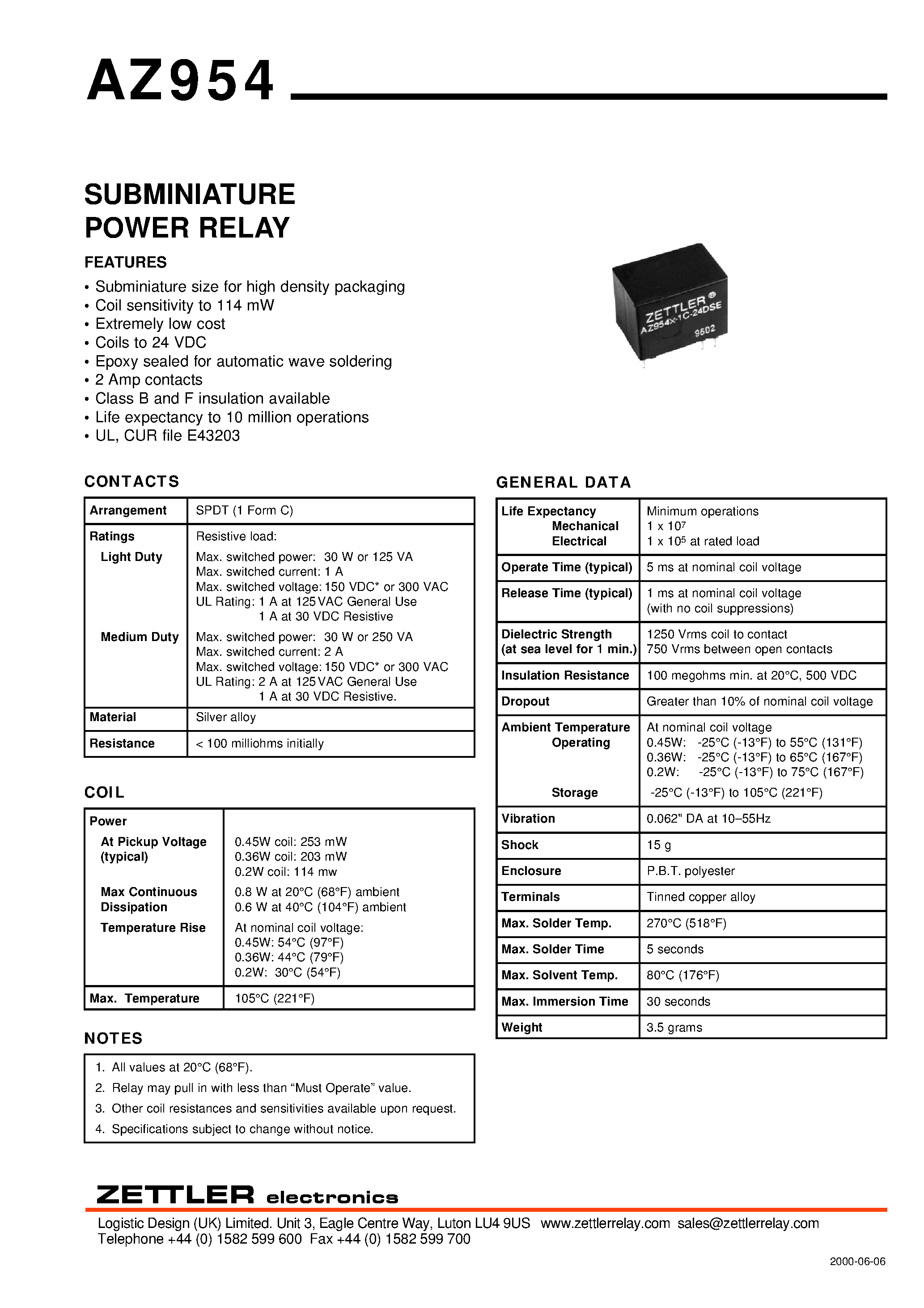 Даташит на микросхему AZ954Y-1C-12DS страница 1 Даташит AZ954Y-1C-12DS - SUBMINIATURE POWER RELAY страница 1