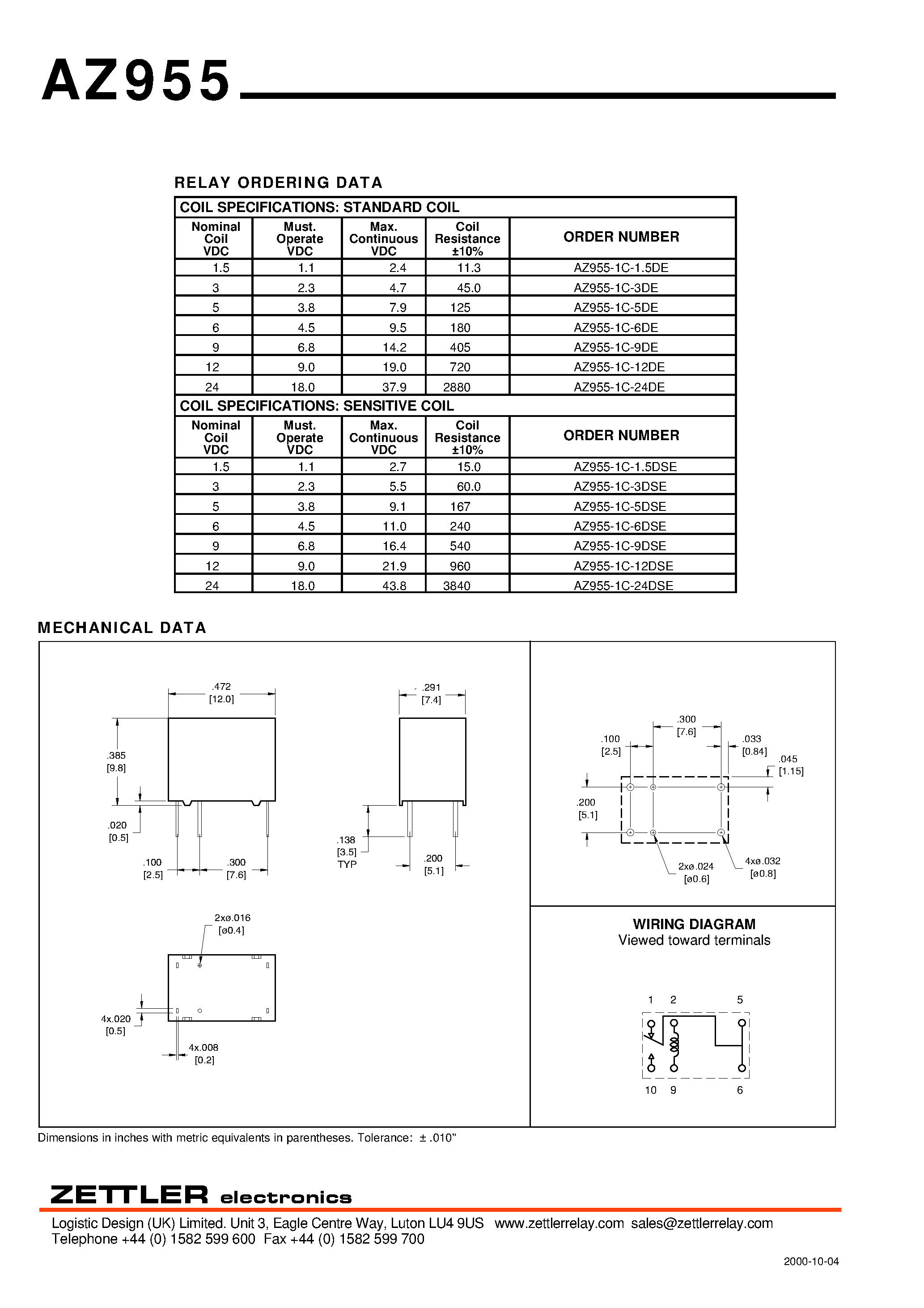 Даташит AZ955-1C-24DSE - SUBMINIATURE PC BOARD RELAY страница 2