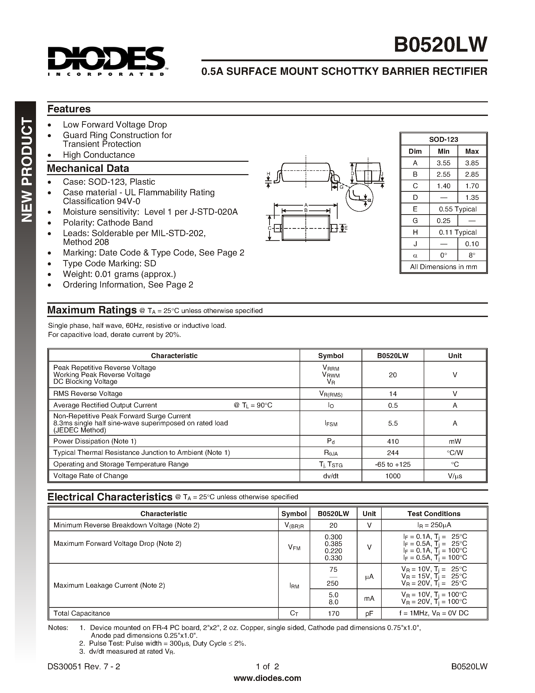 Datasheet B0520 - 0.4 amp Schottky Low Forward Voltage Rectifier: B0520WS -- First SOD-323 Rectifier Product! page 1