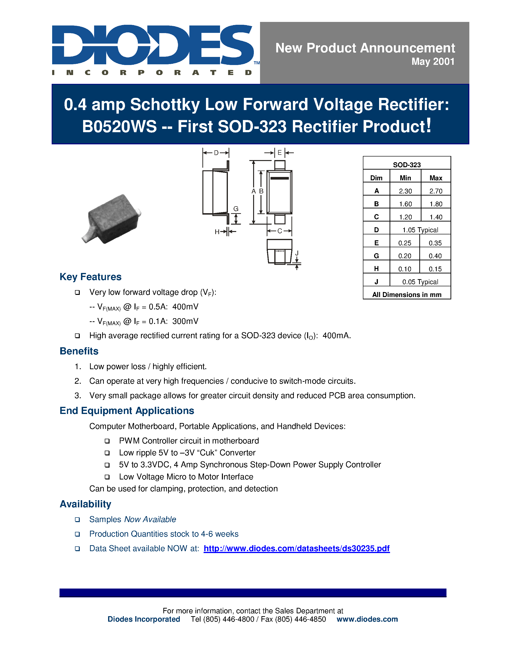Datasheet B0520WS - 0.4 amp Schottky Low Forward Voltage Rectifier: B0520WS -- First SOD-323 Rectifier Product! page 1