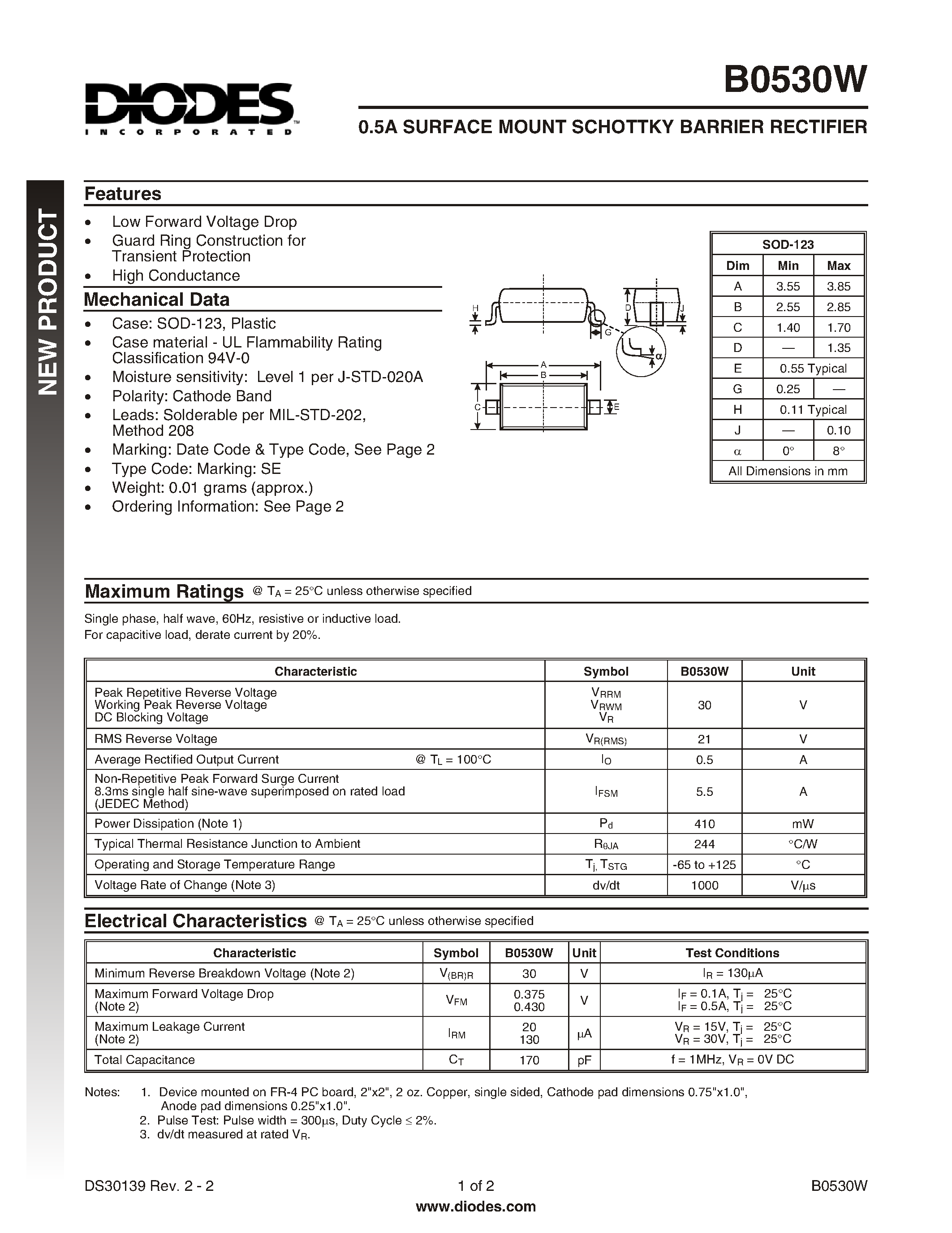 Datasheet B0530 - 0.5A SURFACE MOUNT SCHOTTKY BARRIER RECTIFIER page 1