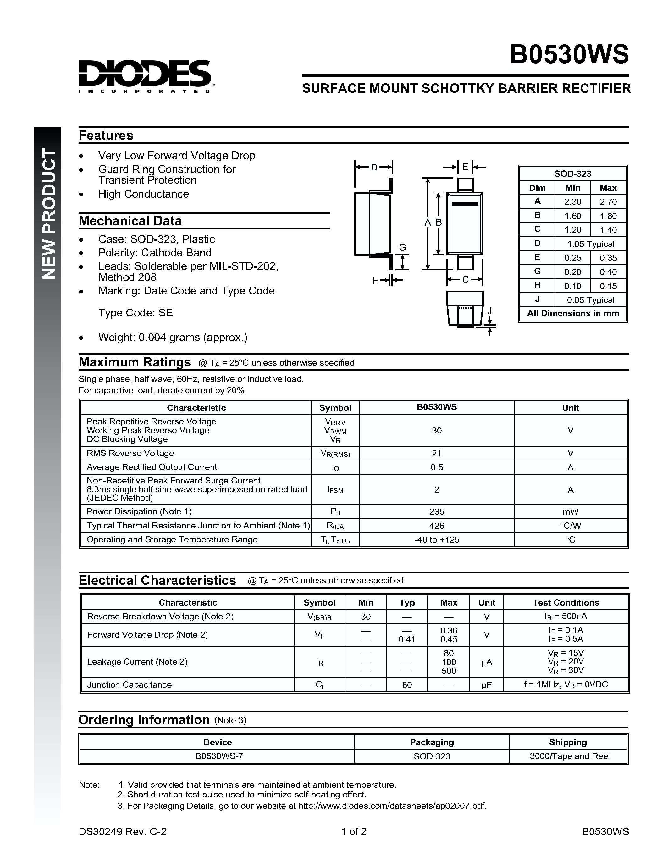 Datasheet B0530WS-7 page 1 Datasheet B0530WS-7 - SURFACE MOUNT SCHOTTKY BARRIER DIODE page 1