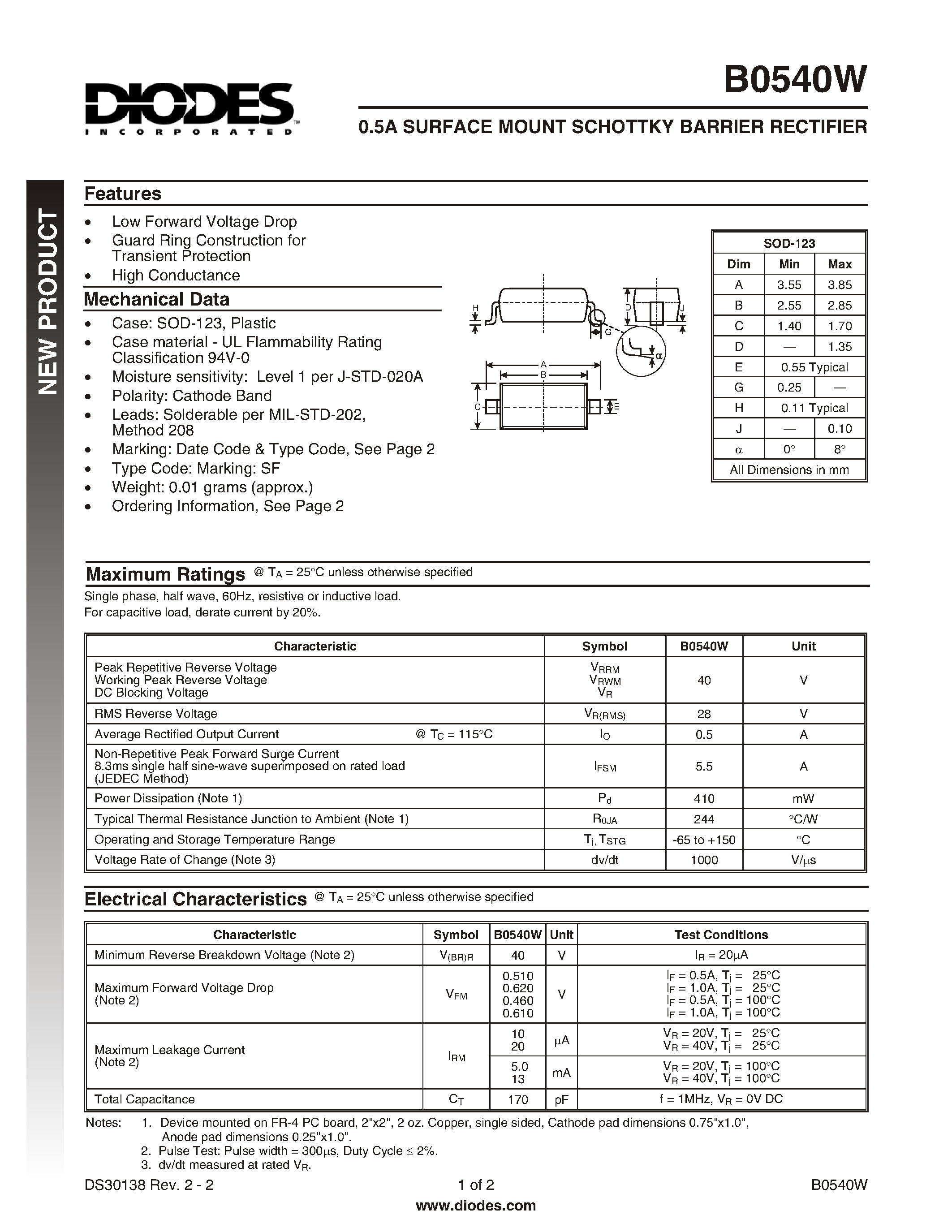 Datasheet B0540W page 1 Datasheet B0540W - 0.5A SURFACE MOUNT SCHOTTKY BARRIER RECTIFIER page 1