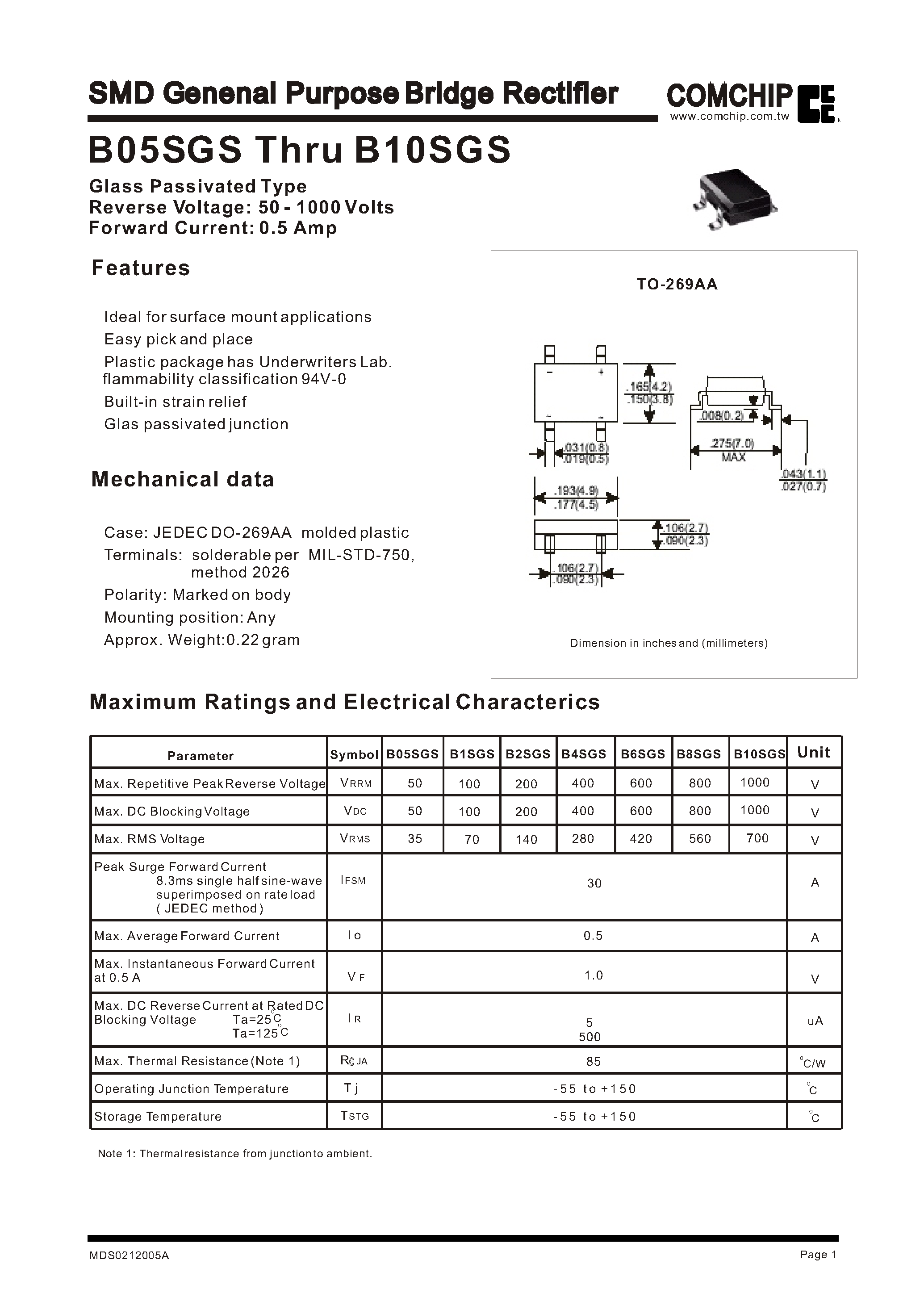 Datasheet B05SGS - SMD Genenal Purpose Bridge Rectifier page 1