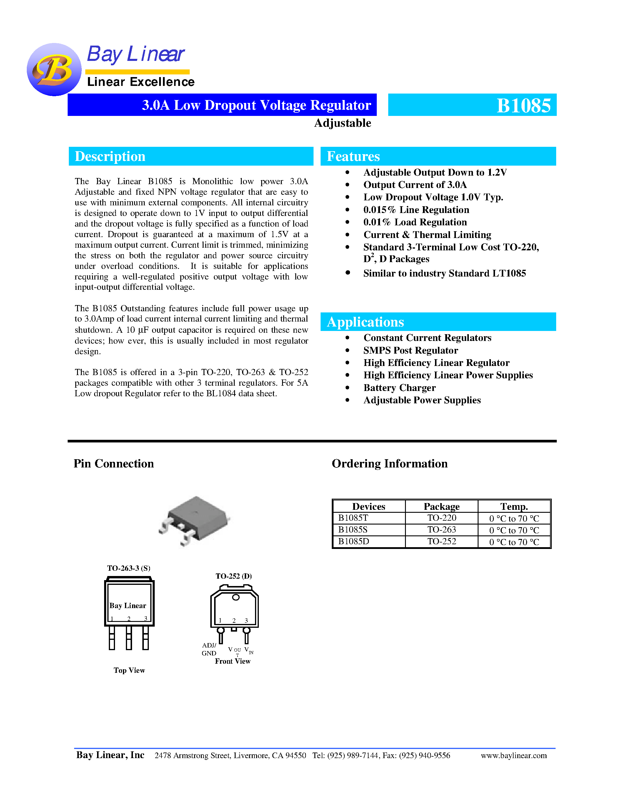 Datasheet B1085S - 3.0A Low Dropout Voltage Regulator page 1