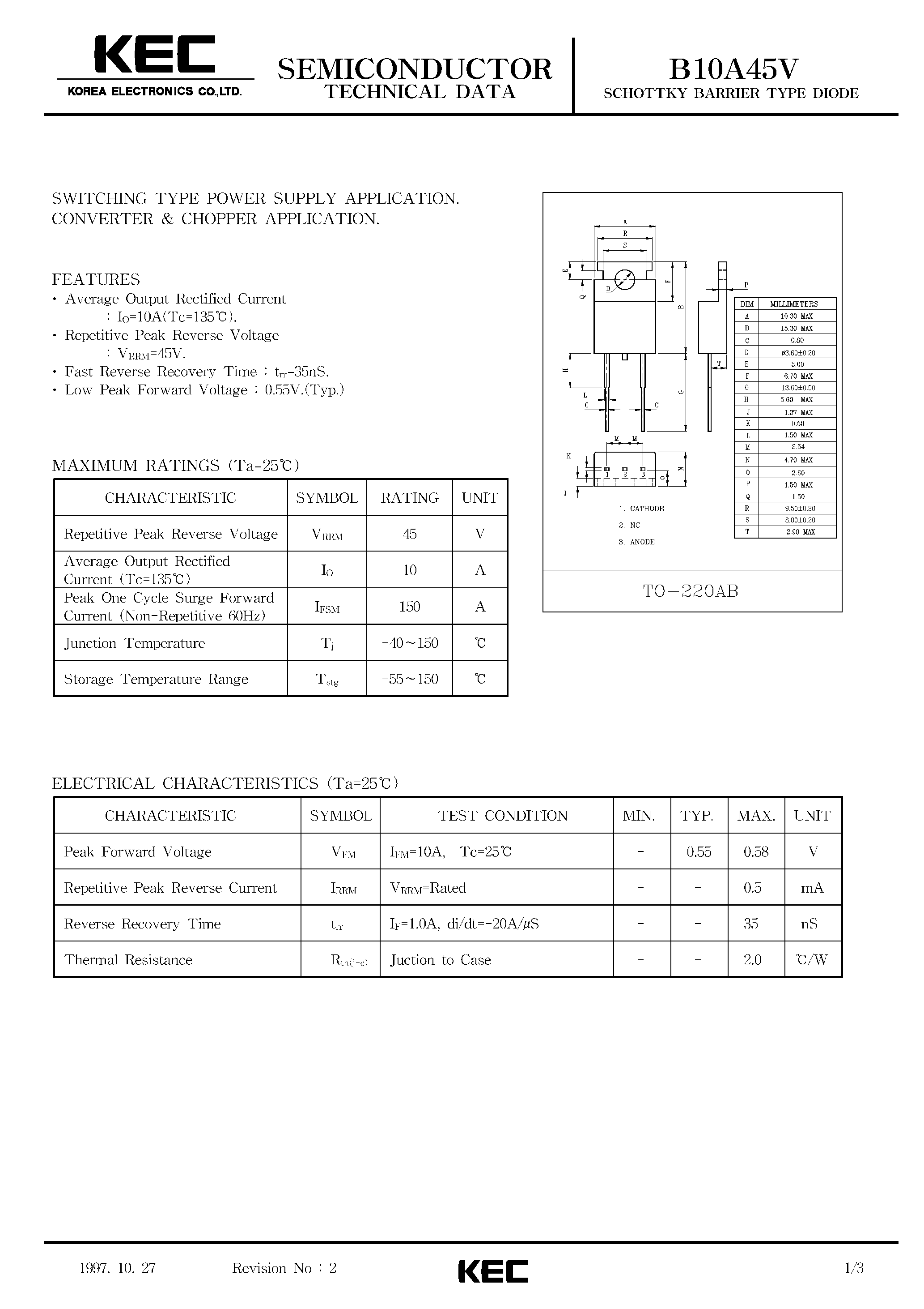 Datasheet B10A45V page 1 Datasheet B10A45V - SCHOTTKY BARRIER TYPE DIODE (SWITCHING TYPE POWER SUPPLY/ CONVERTER & CHOPPER) page 1