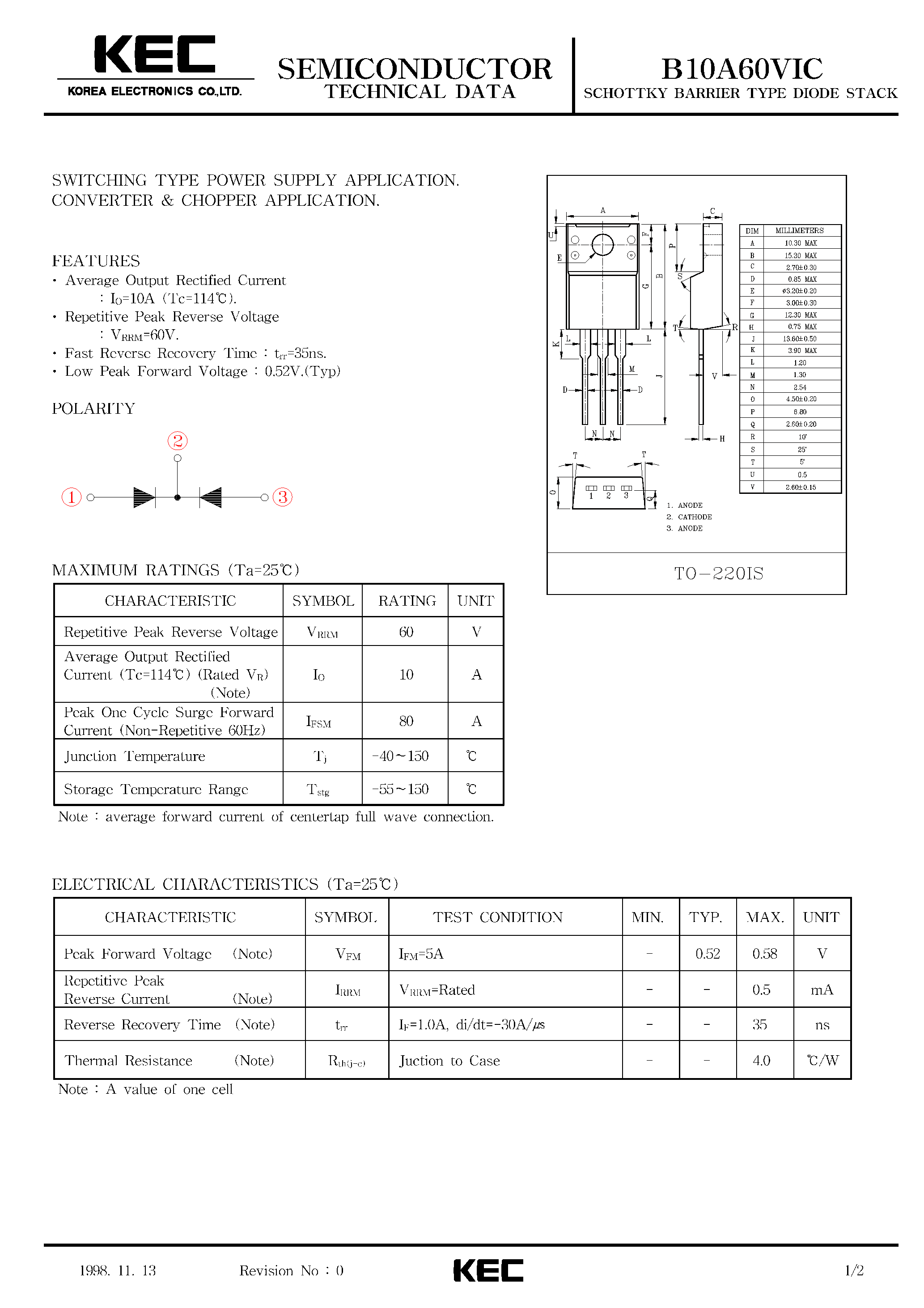 Datasheet B10A60VIC - SCHOTTKY BARRIER TYPE DIODE STACK (SWITCHING TYPE POWER SUPPLY/ CONVERTER & CHOPPER) page 1