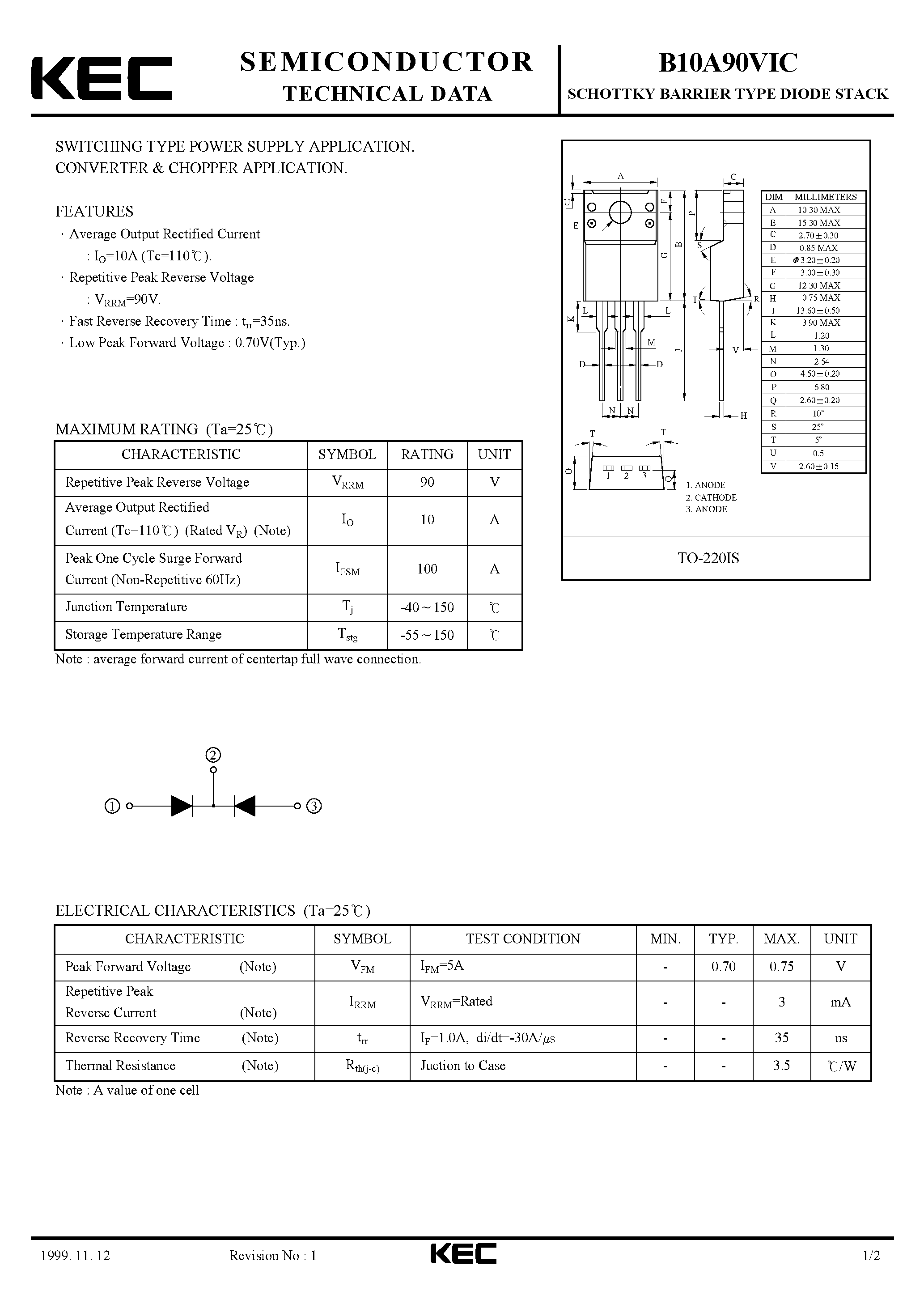 Datasheet B10A90VIC - SCHOTTKY BARRIER TYPE DIODE STACK (SWITCHING TYPE POWER SUPPLY/ CONVERTER & CHOPPER) page 1