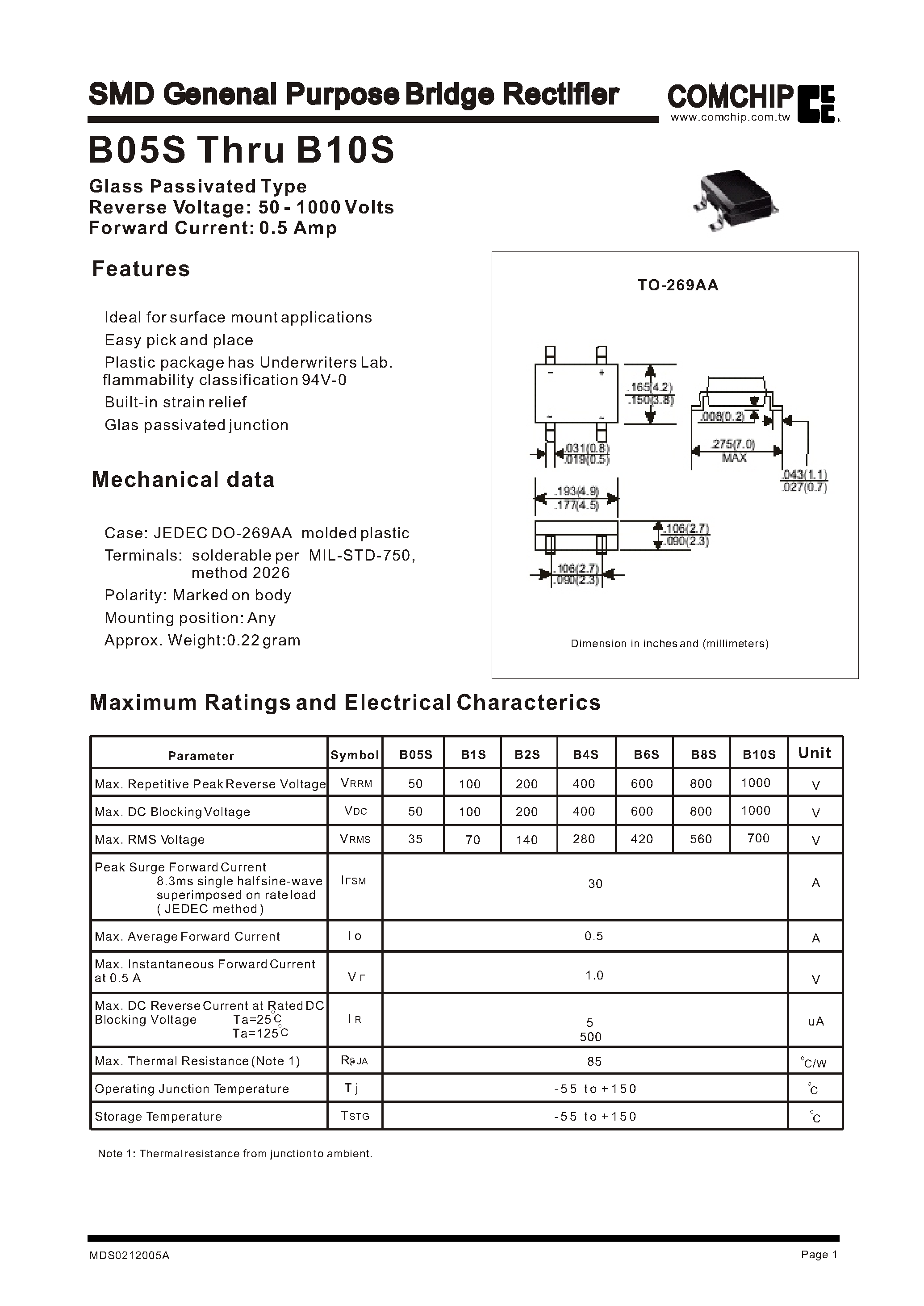 Datasheet B10S page 1 Datasheet B10S - SMD Genenal Purpose Bridge Rectifier page 1