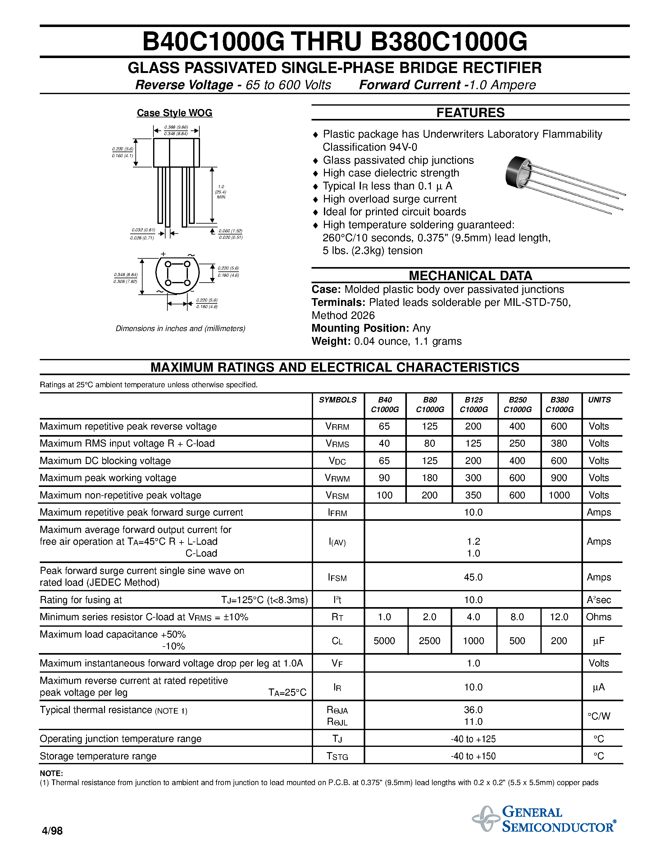 Datasheet B125C1000G - GLASS PASSIVATED SINGLE-PHASE BRIDGE RECTIFIER page 1