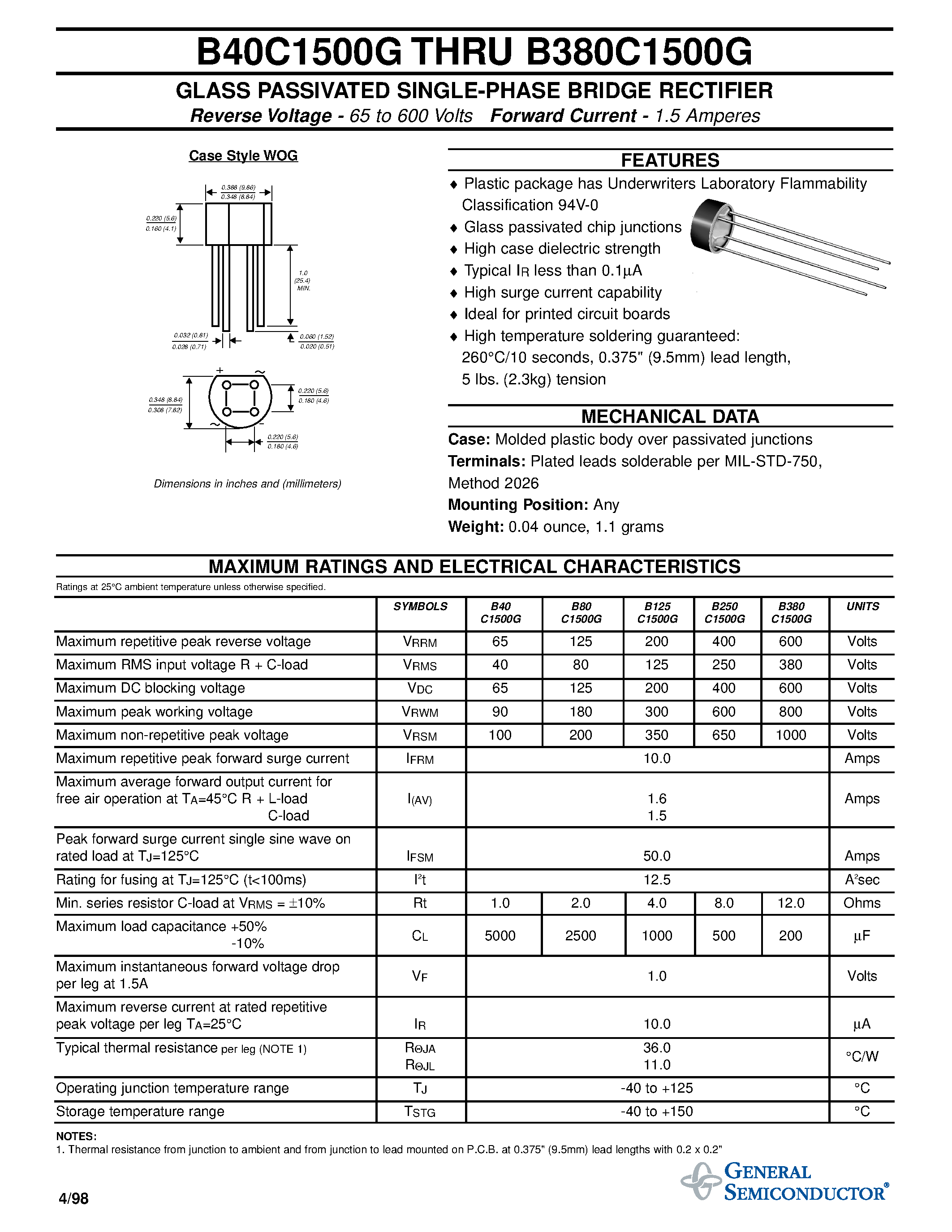 Datasheet B125C1500G - GLASS PASSIVATED SINGLE-PHASE BRIDGE RECTIFIER page 1