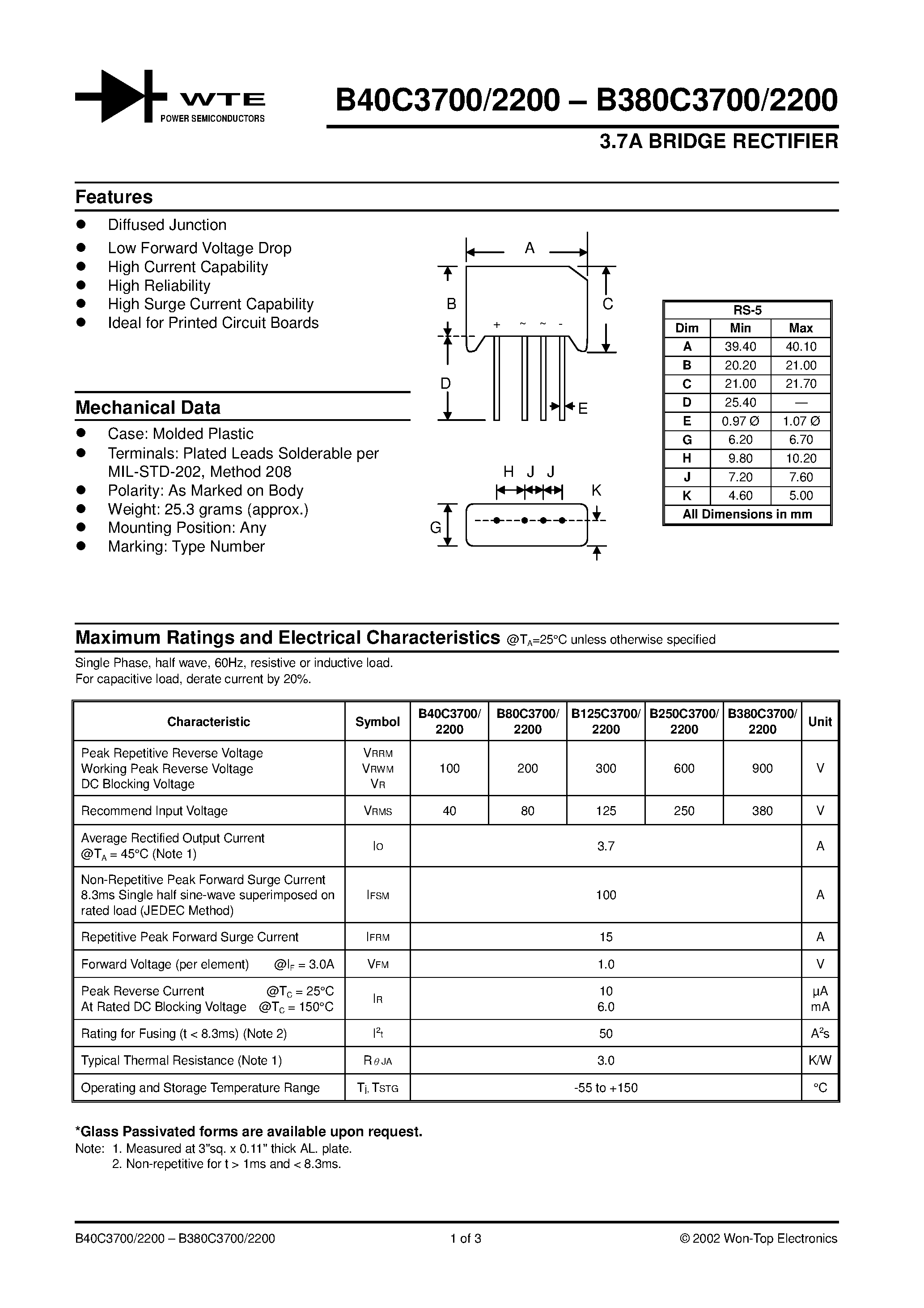 Datasheet B125C2200 page 1 Datasheet B125C2200 - 3.7A BRIDGE RECTIFIER page 1