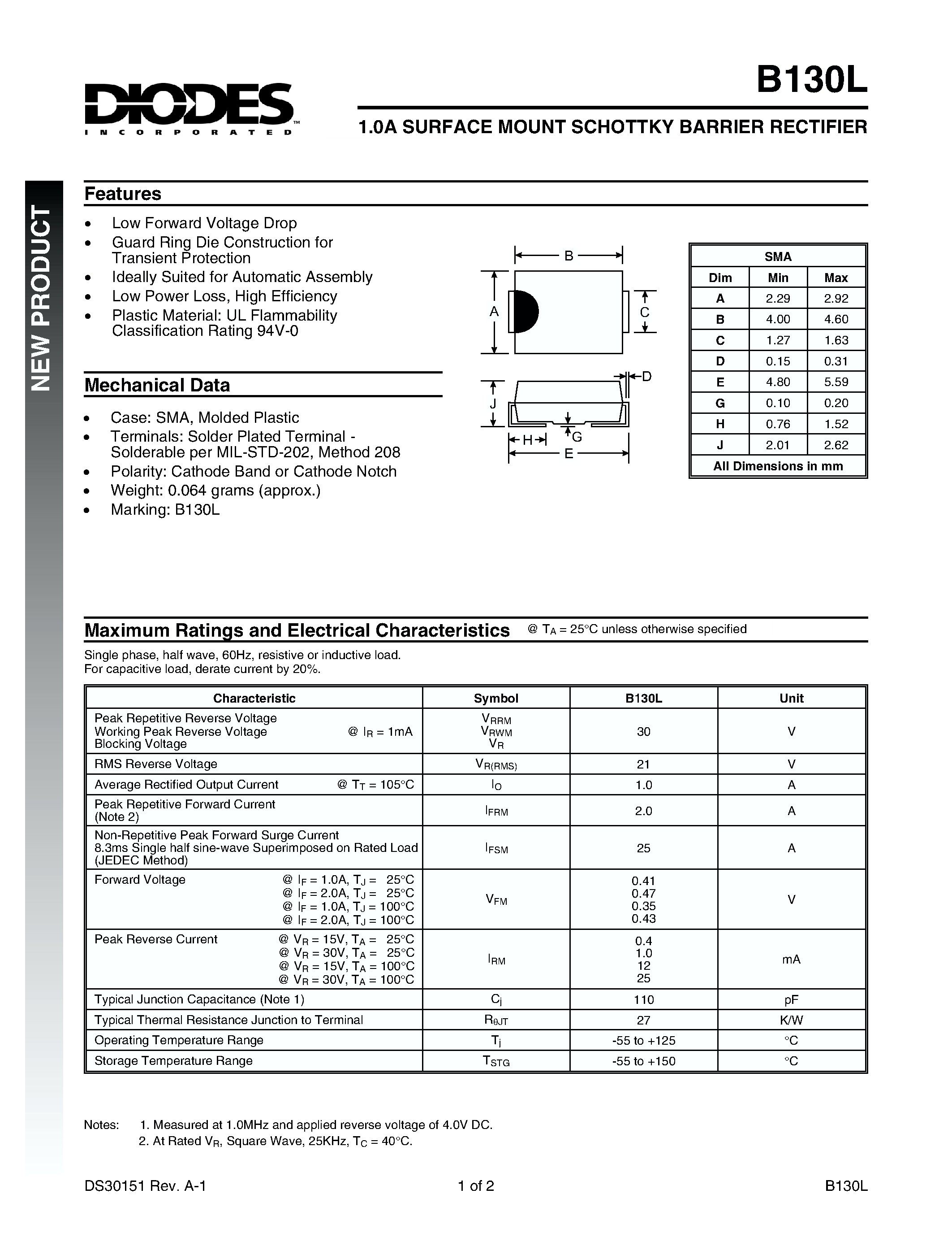 Datasheet B130L - 1.0A SURFACE MOUNT SCHOTTKY BARRIER RECTIFIER page 1
