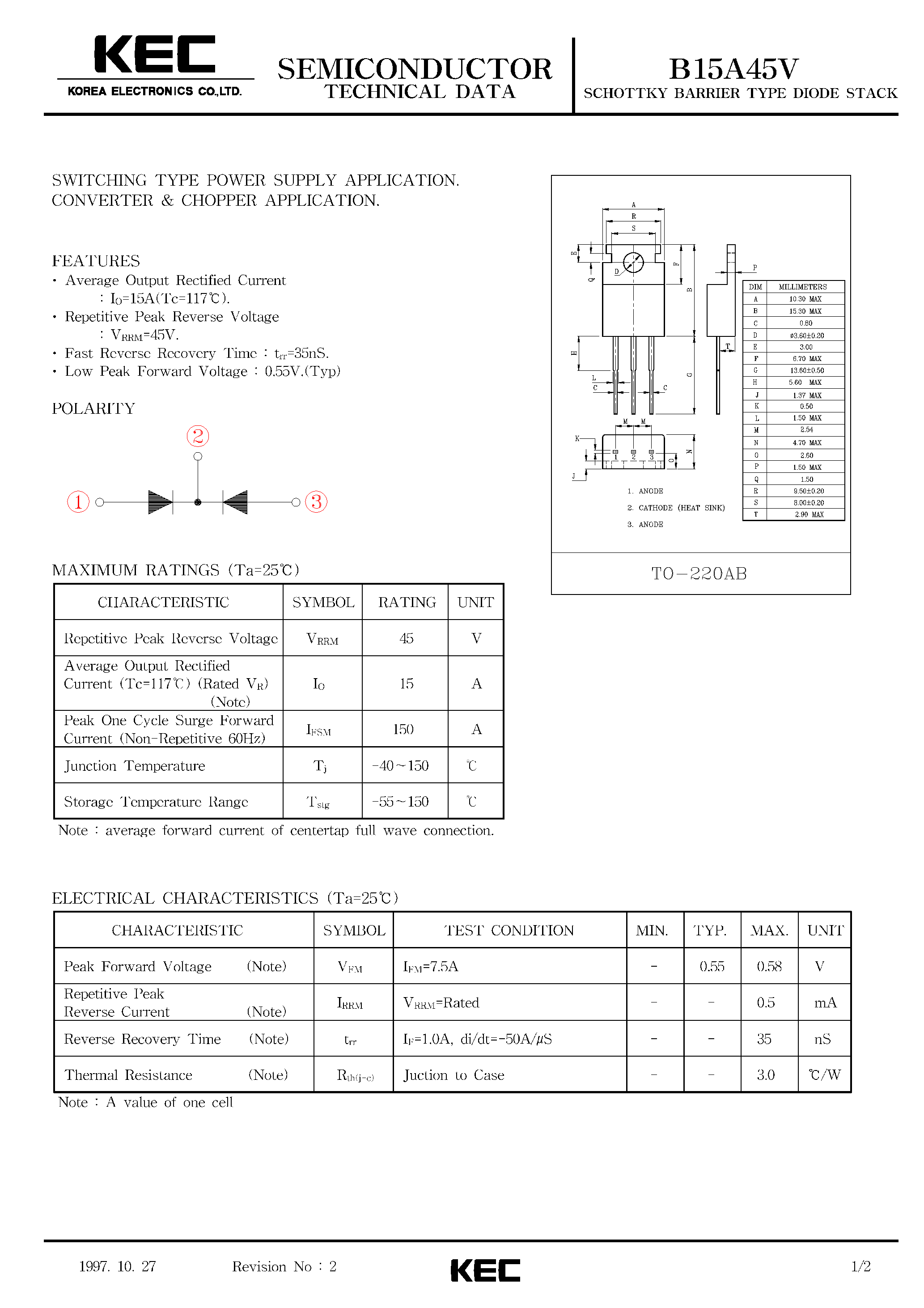 Datasheet B15A45V - SCHOTTKY BARRIER TYPE DIODE STACK (SWITCHING TYPE POWER SUPPLY/ CONVERTER & CHOPPER) page 1