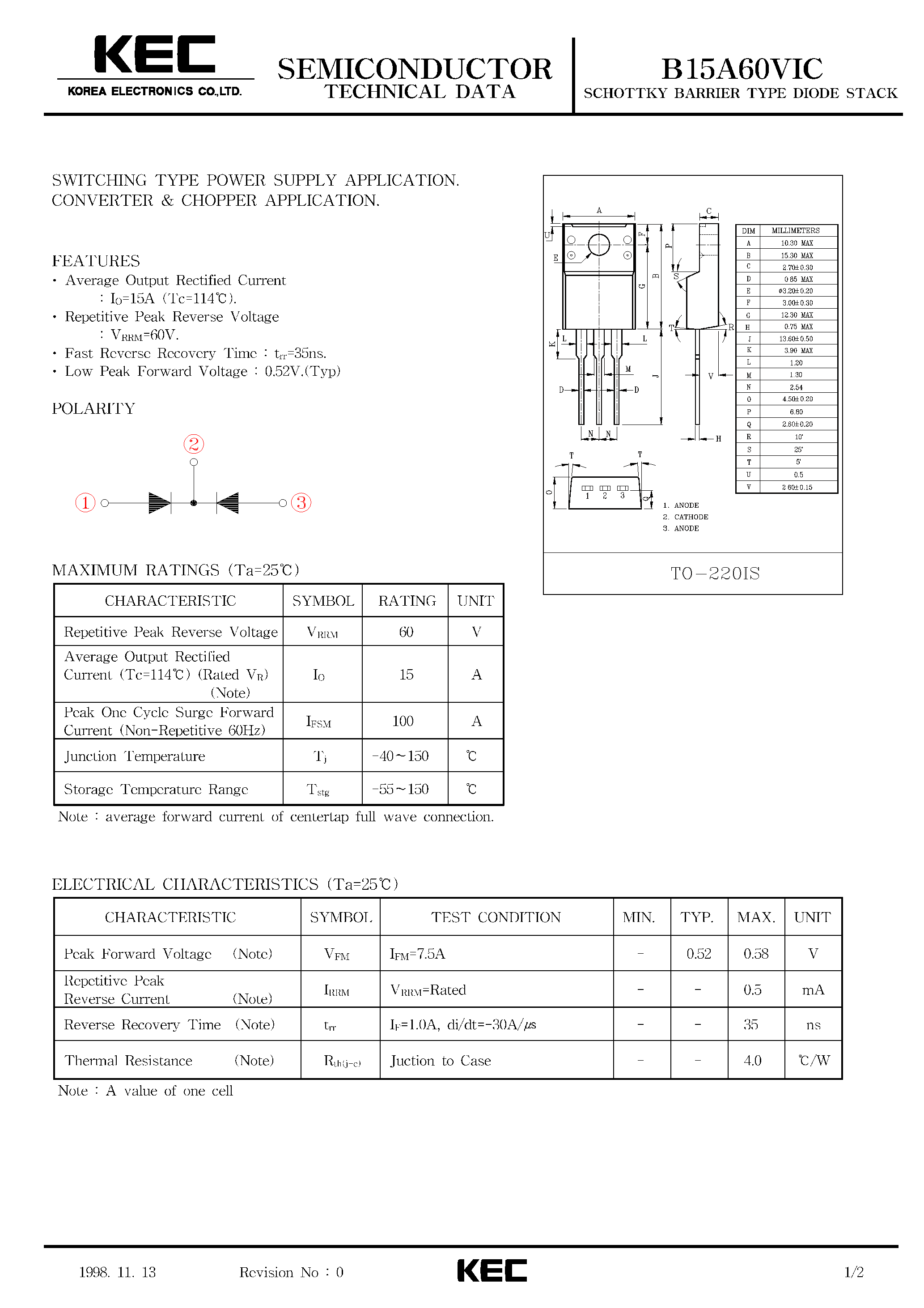 Datasheet B15A60VIC - SCHOTTKY BARRIER TYPE DIODE STACK (SWITCHING TYPE POWER SUPPLY/ CONVERTER & CHOPPER) page 1