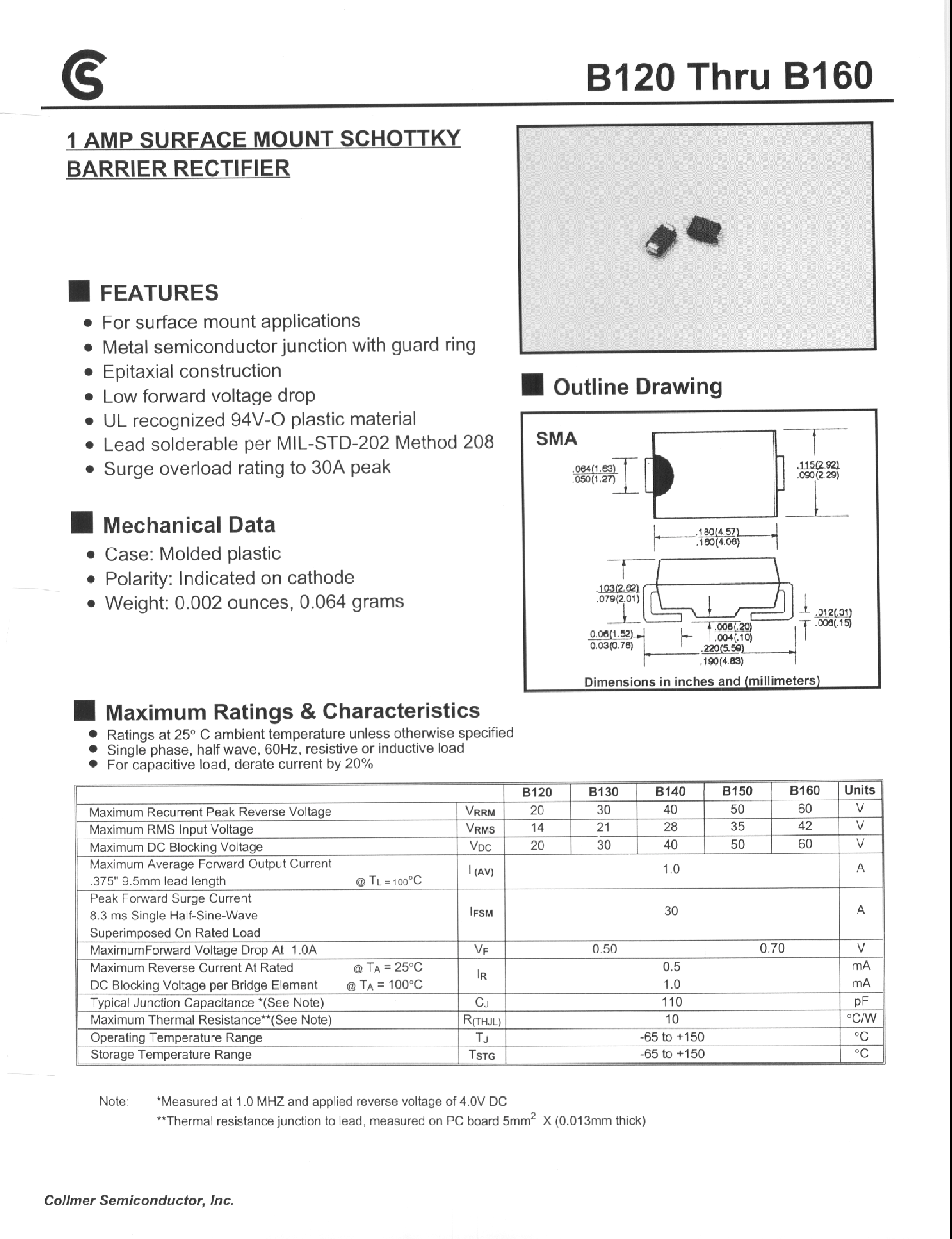 Datasheet B160 page 1 Datasheet B160 - 1 AMP SURFACE MOUNT SCHOTTKY BARRIER RECTIFIER page 1