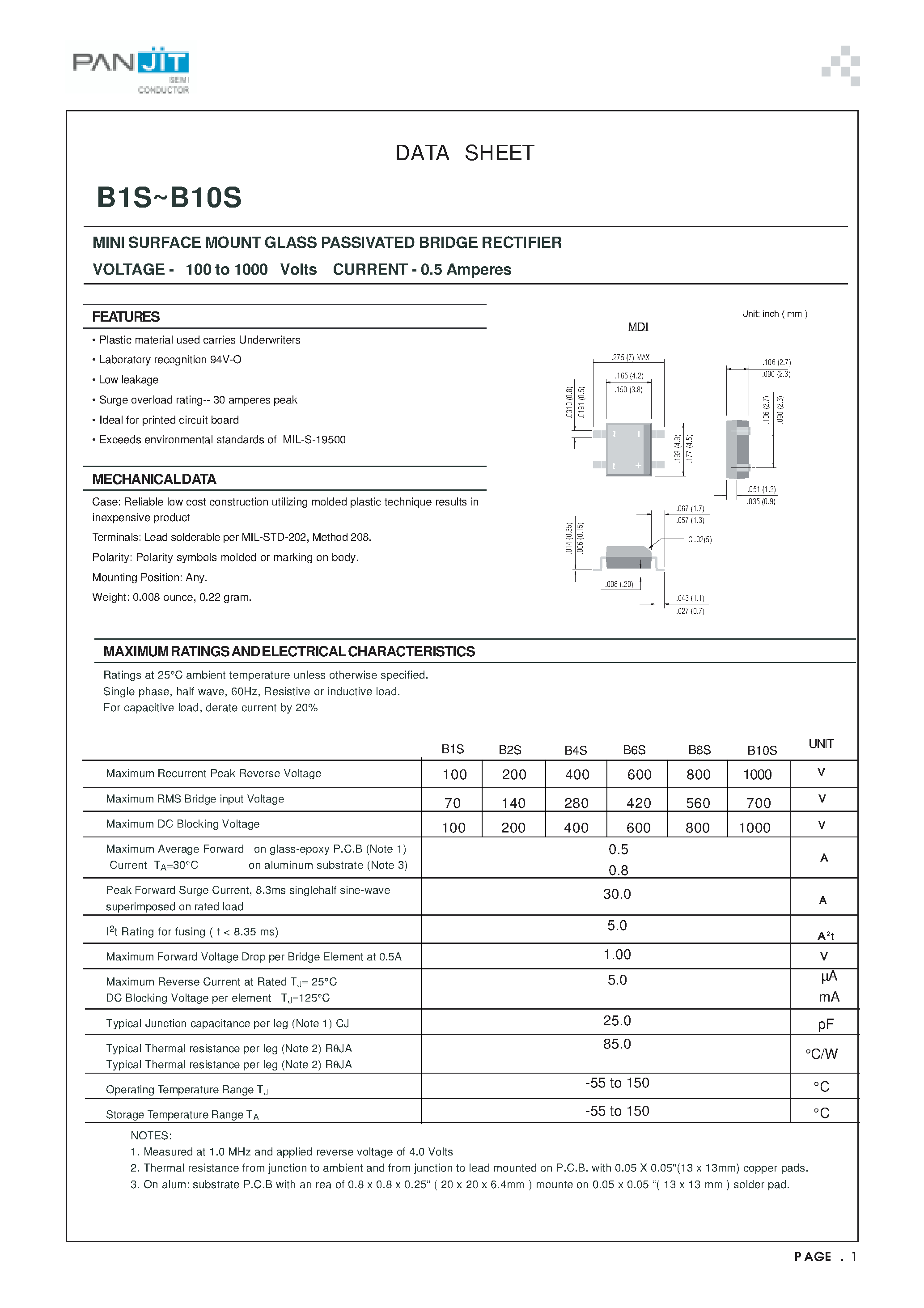 Datasheet B1S - MINI SURFACE MOUNT GLASS PASSIVATED BRIDGE RECTIFIER(VOLTAGE - 100 to 1000 Volts CURRENT - 0.5 Amperes) page 1