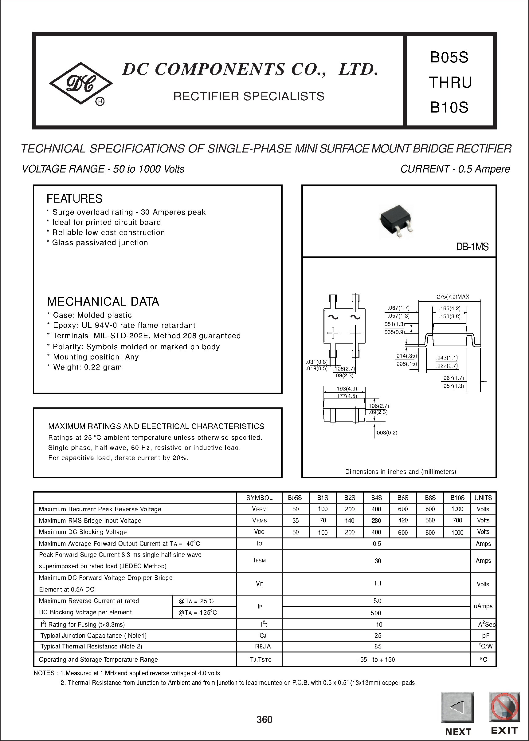 Datasheet B1S page 1 Datasheet B1S - TECHNICAL SPECIFICATIONS OF SINGLE-PHASE MINI SURFACE MOUNT BRIDGE RECTIFIER page 1