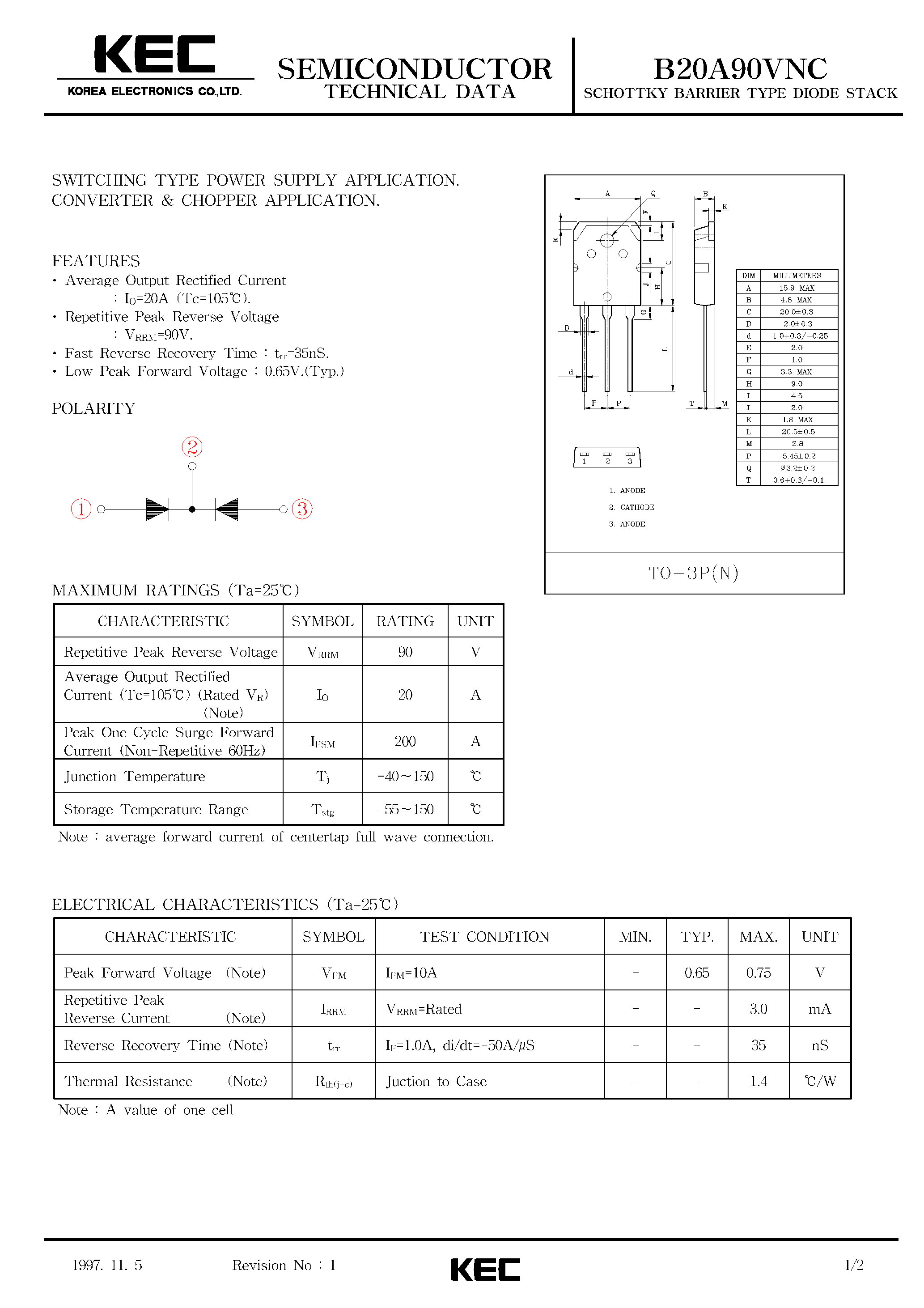 Datasheet B20A90VNC - SCHOTTKY BARRIER TYPE DIODE STACK (SWITCHING TYPE POWER SUPPLY/ CONVERTER & CHOPPER) page 1