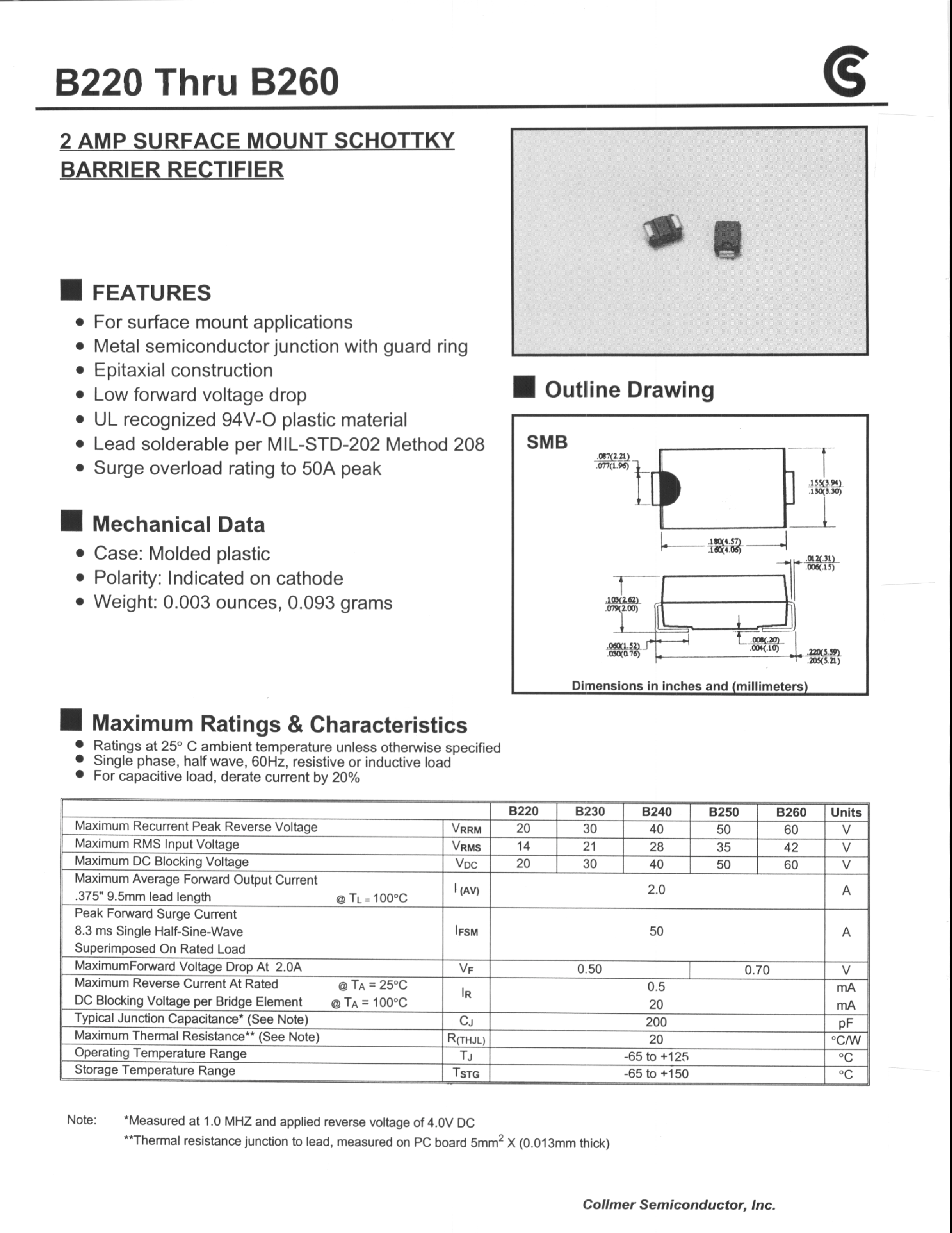 Даташит B220 - 2 AMP SURFACE MOUNT SCHOTTKY BARRIER RECTIFIER страница 1