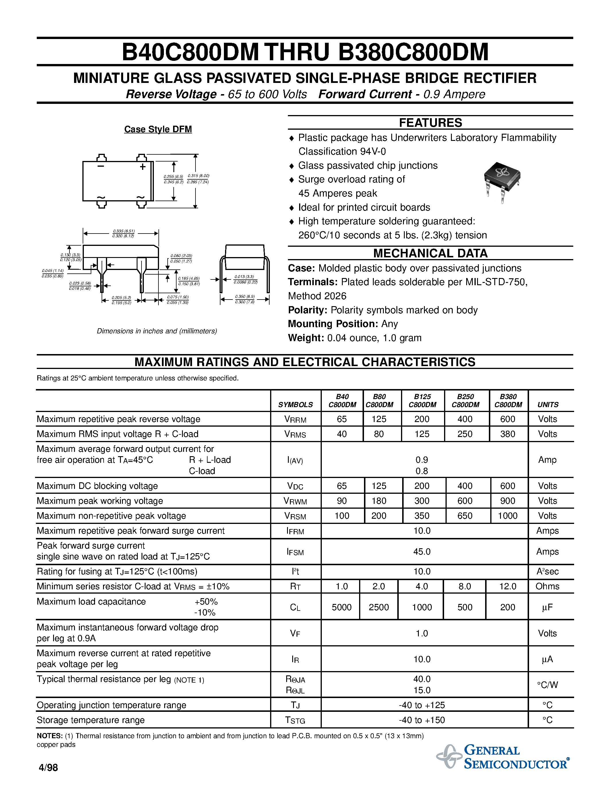 Datasheet B250C800DM page 1 Datasheet B250C800DM - MINIATURE GLASS PASSIVATED SINGLE-PHASE BRIDGE RECTIFIER page 1