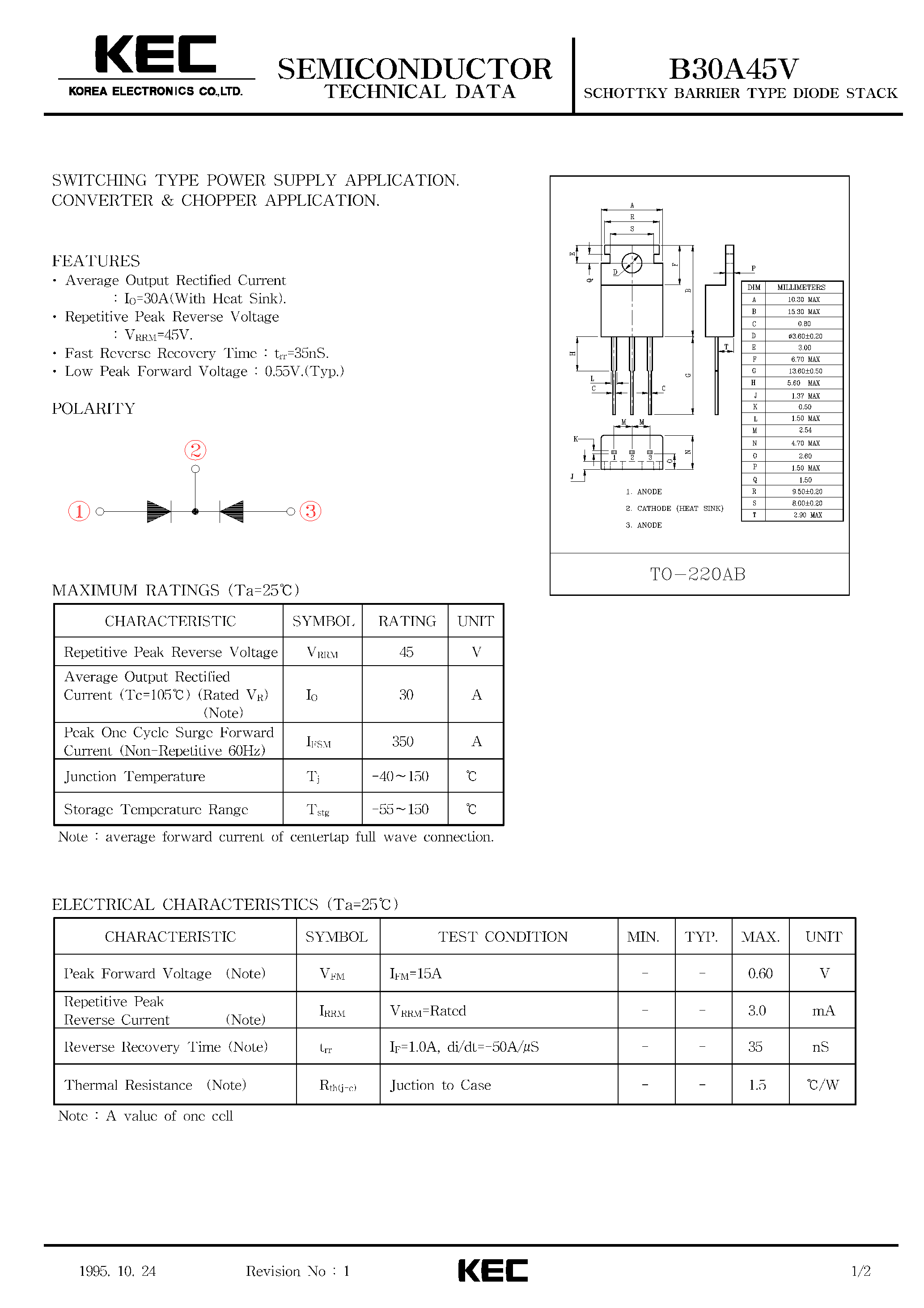 Datasheet B30A45V - SCHOTTKY BARRIER TYPE DIODE STACK (SWITCHING TYPE POWER SUPPLY/ CONVERTER & CHOPPER) page 1