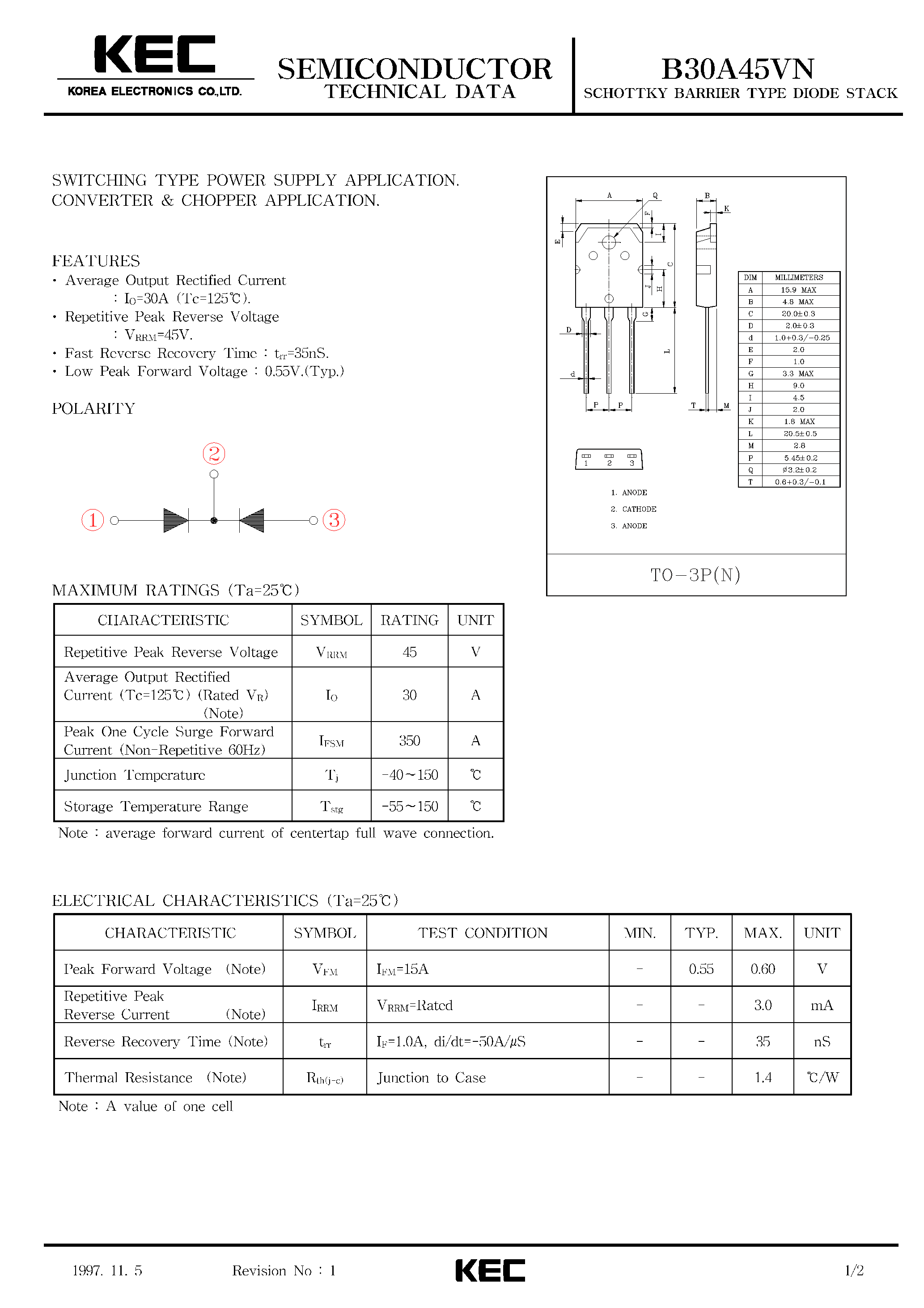 Datasheet B30A45VN page 1 Datasheet B30A45VN - SCHOTTKY BARRIER TYPE DIODE STACK (SWITCHING TYPE POWER SUPPLY/ CONVERTER & CHOPPER) page 1