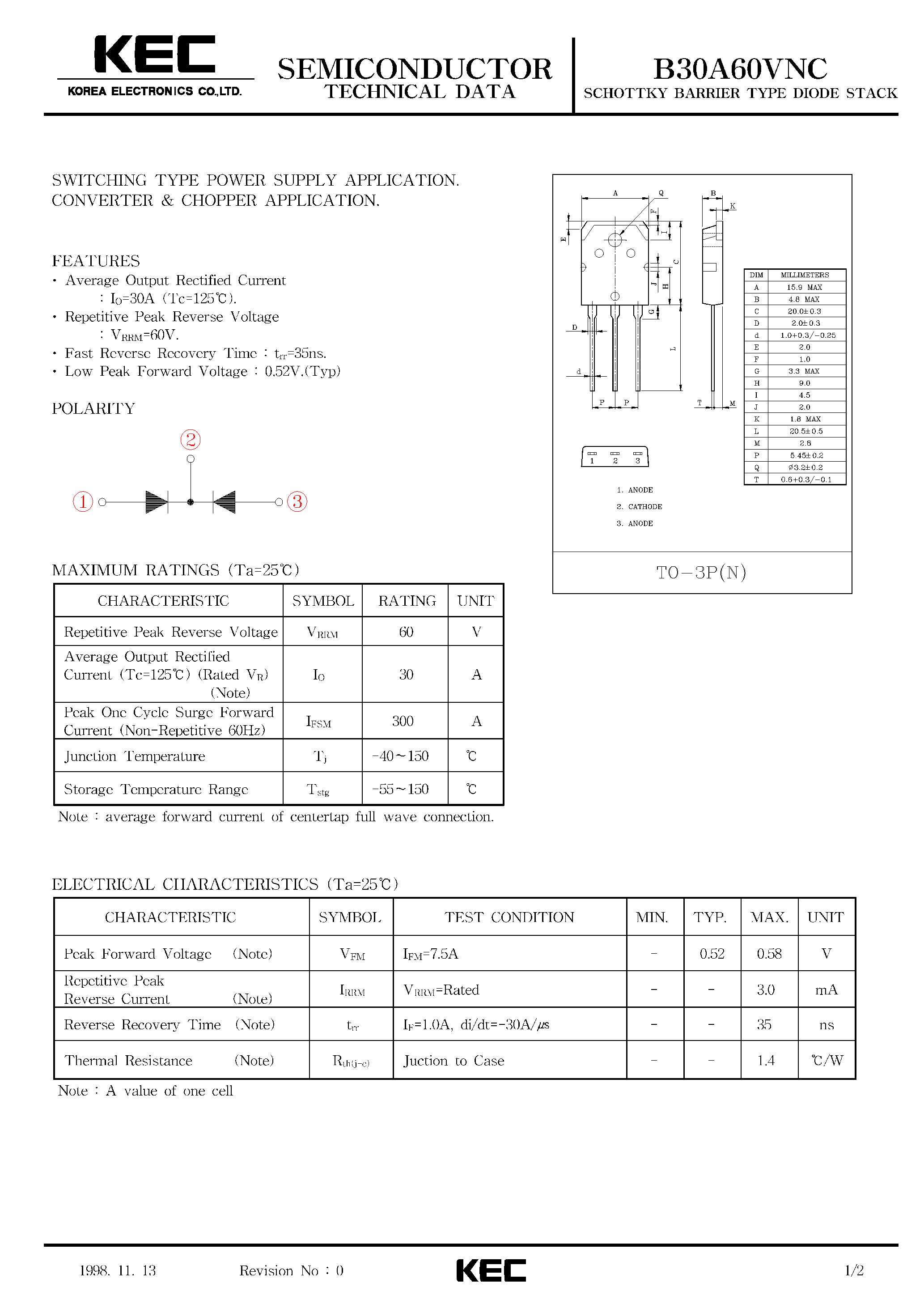 Datasheet B30A60VNC - SCHOTTKY BARRIER TYPE DIODE STACK (SWITCHING TYPE POWER SUPPLY/ CONVERTER & CHOPPER) page 1