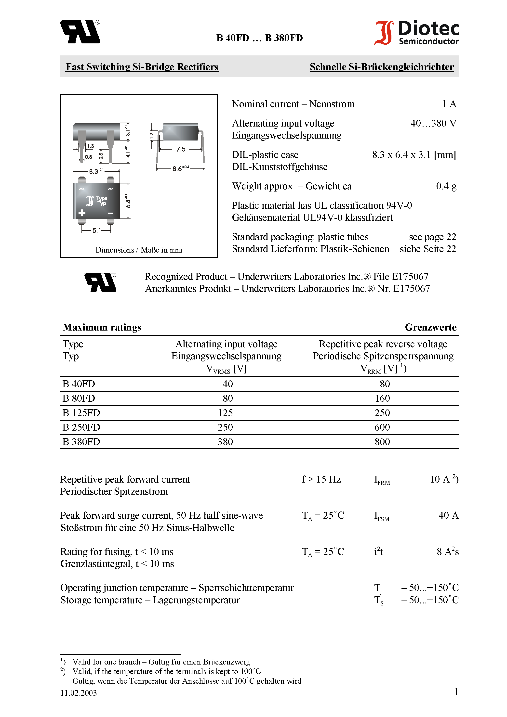 Datasheet B380FD page 1 Datasheet B380FD - Fast Switching Si-Bridge Rectifiers page 1