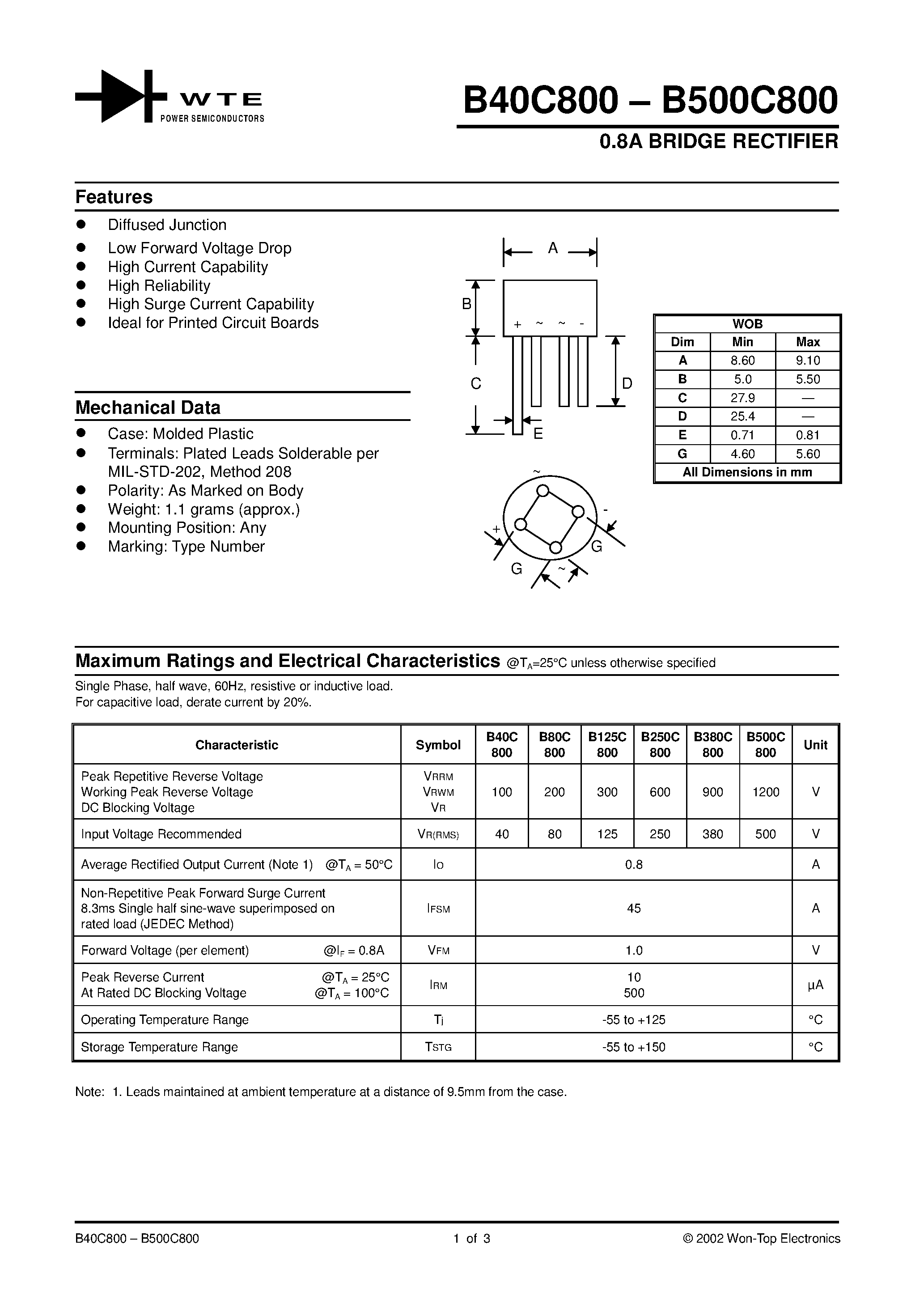 Datasheet B40C800 page 1 Datasheet B40C800 - 0.8A BRIDGE RECTIFIER page 1