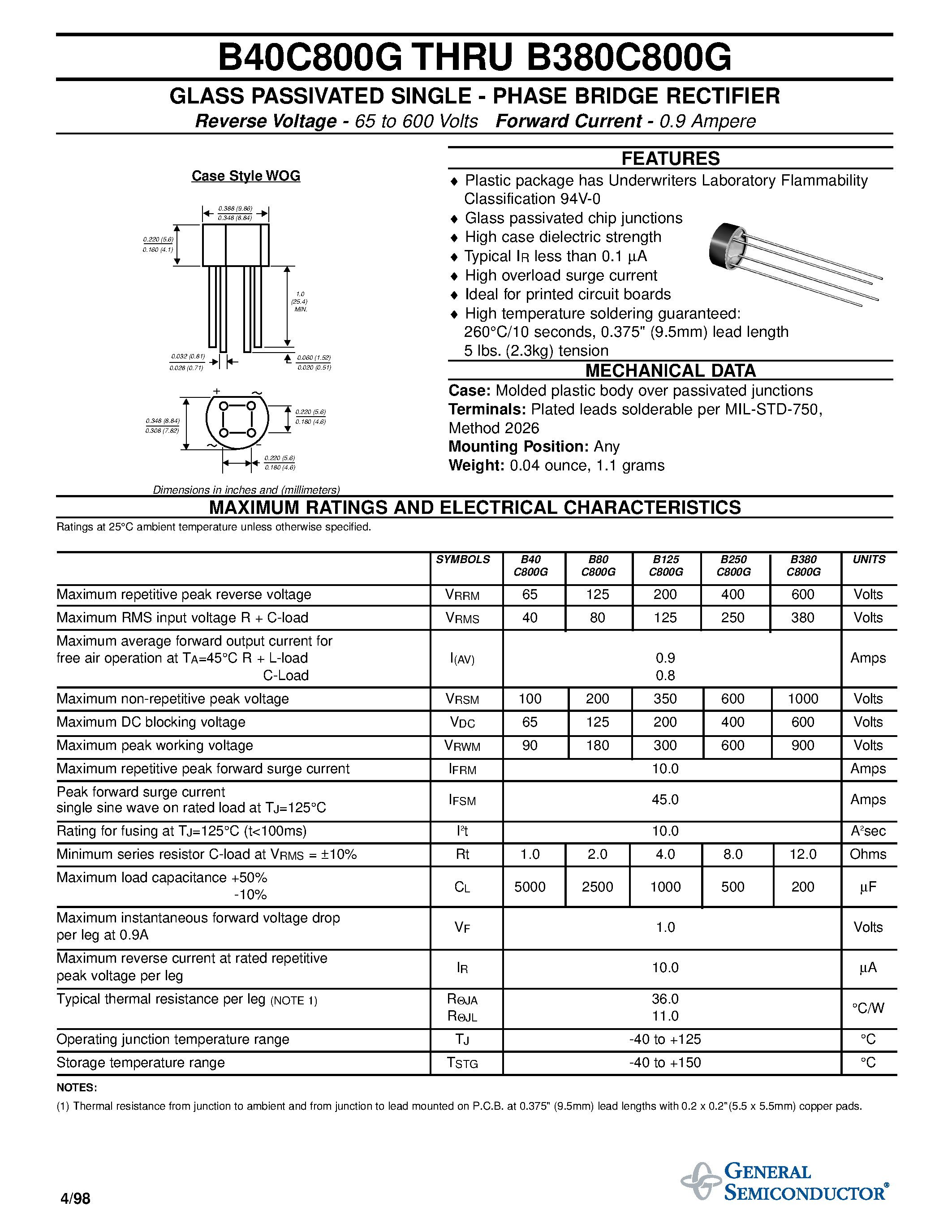 Datasheet B40C800G page 1 Datasheet B40C800G - GLASS PASSIVATED SINGLE - PHASE BRIDGE RECTIFIER page 1