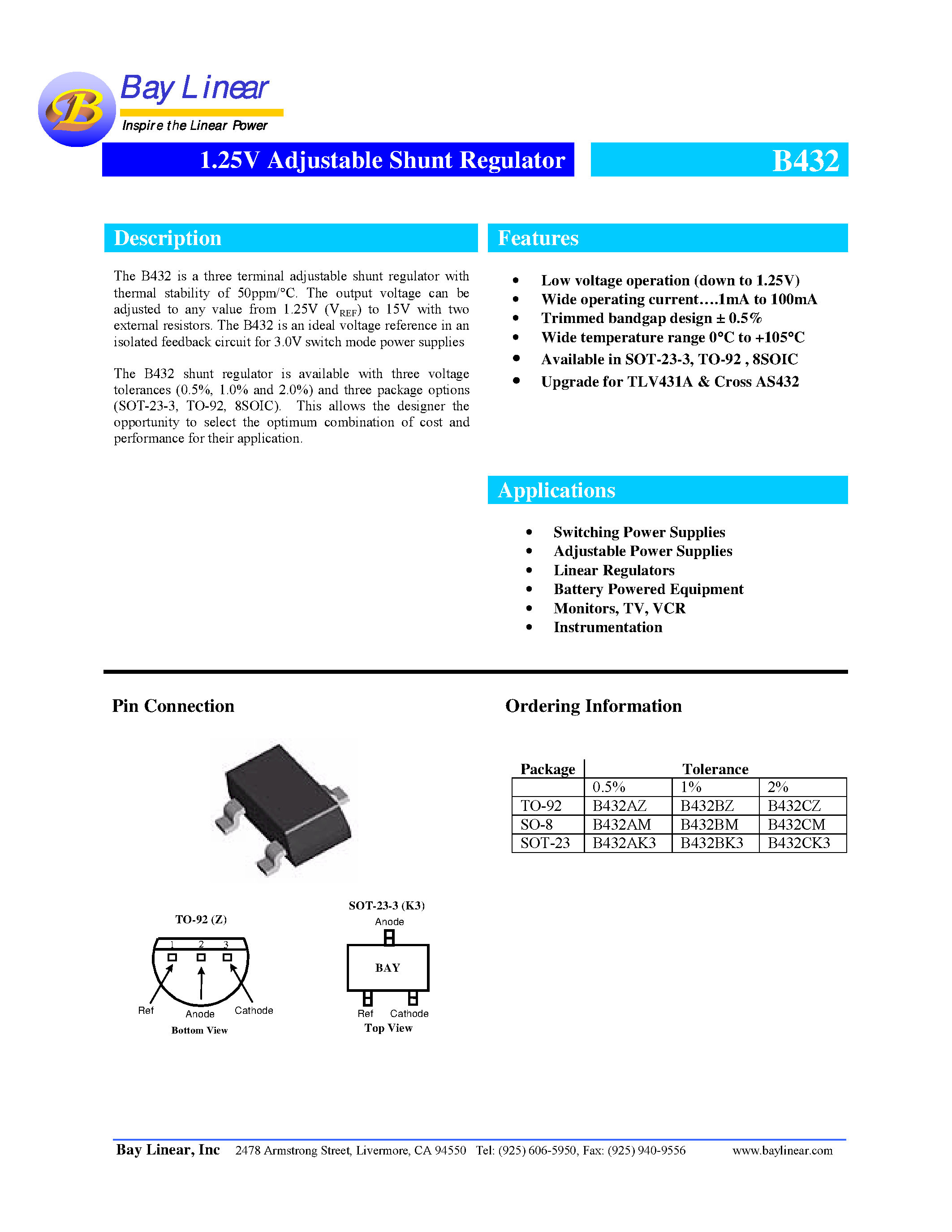 Даташит на микросхему B432BZ страница 1 Даташит B432BZ - 1.25V Adjustable Shunt Regulator страница 1