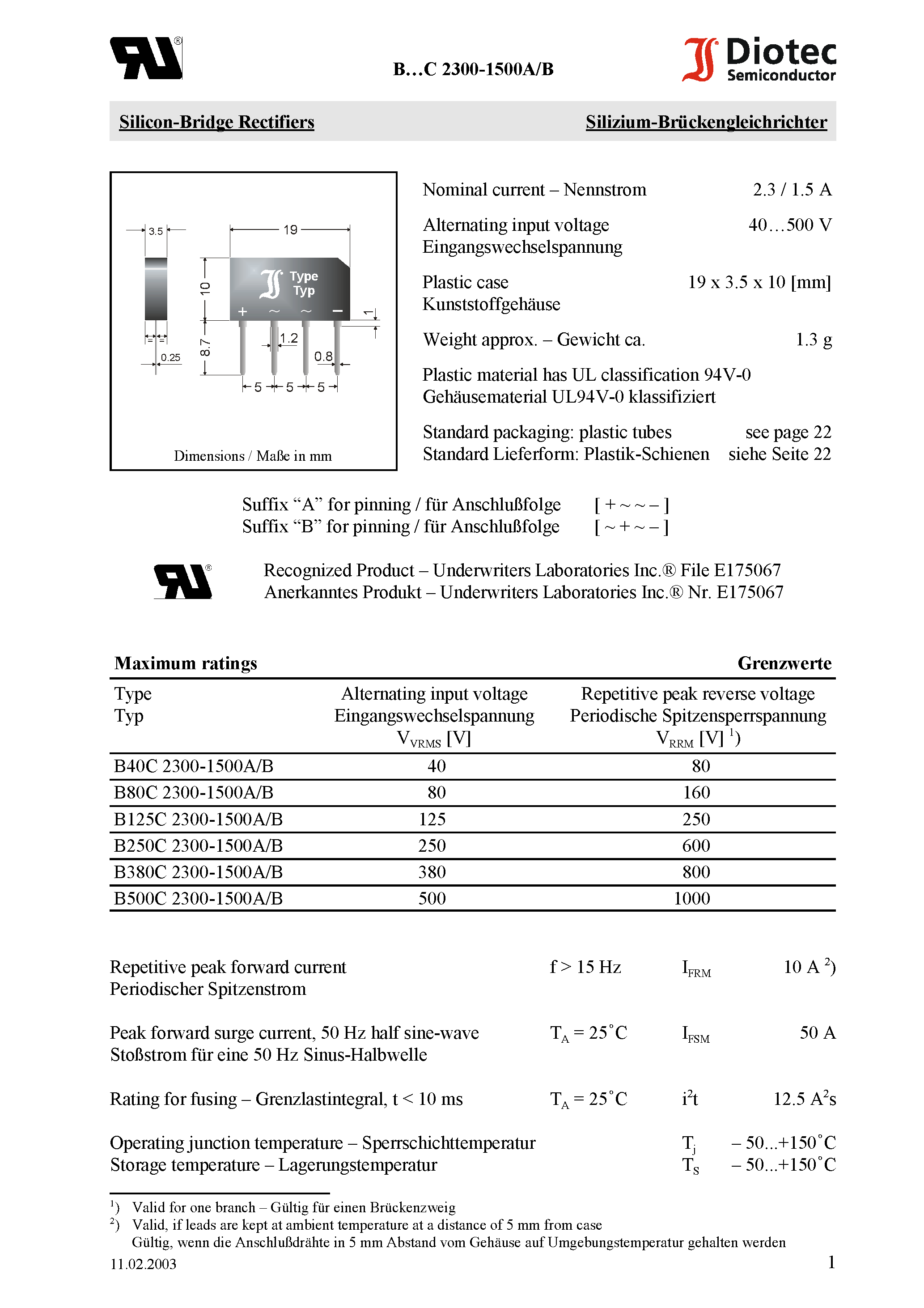 Datasheet B500C2300-1500A - Silicon-Bridge Rectifiers page 1